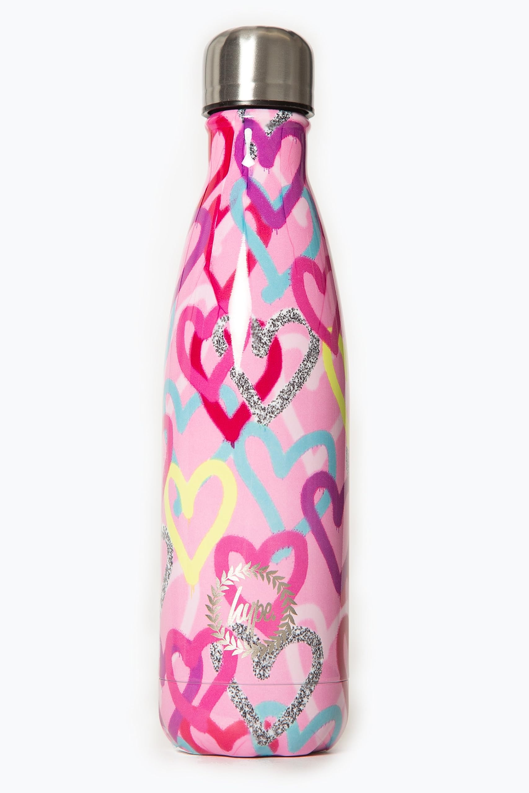 HYPE Pink Graffiti Hearts Metal Water Bottle 500ml Reusable BPA Free