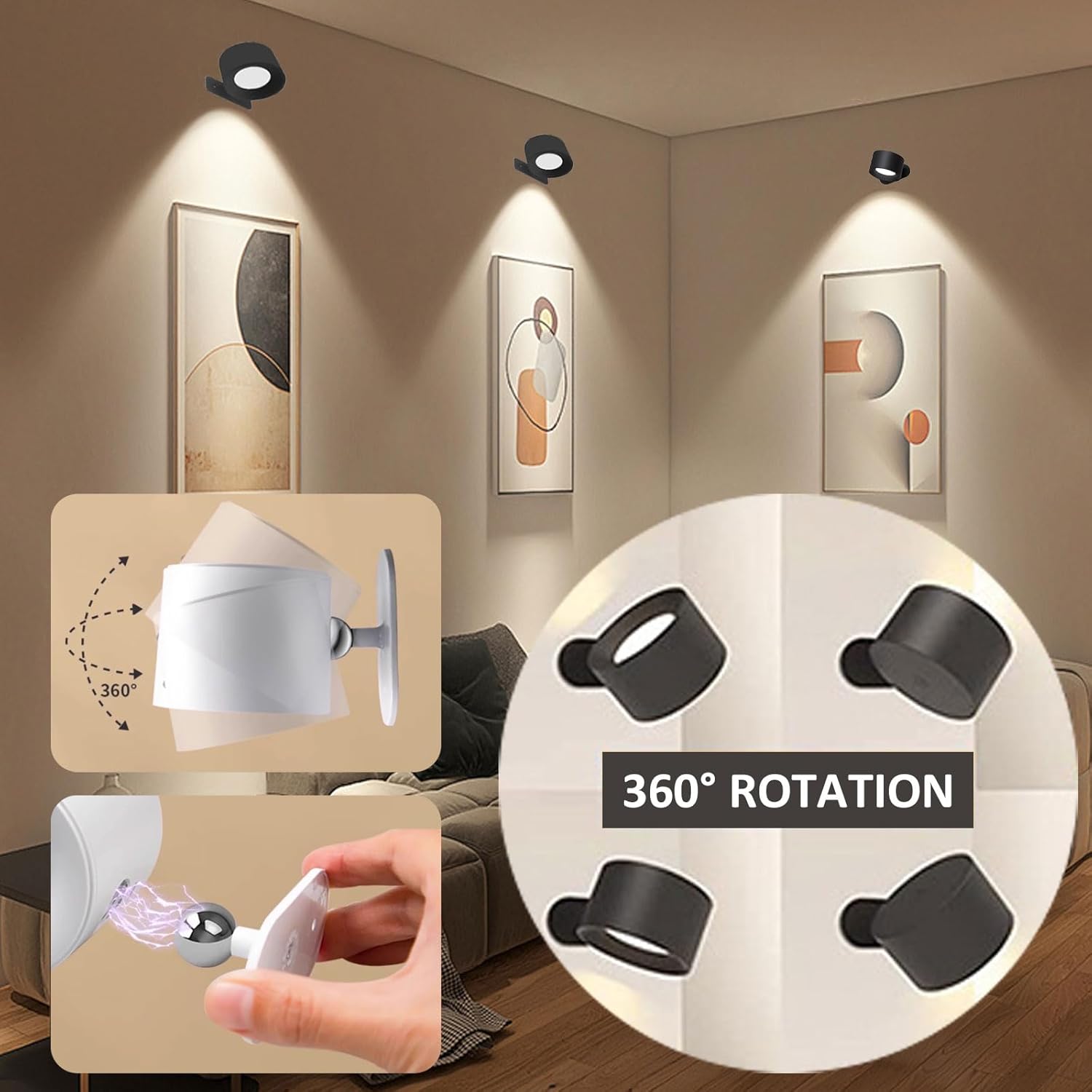 Lights of Sweden Wall Lamps - Cordless Magnetic Sconces, Rechargeable Infinity Wall Lamps with Remote Control, 360° Rotatable, 3 Color Temperatures & Dimmable for Bedroom and Home (Wood)