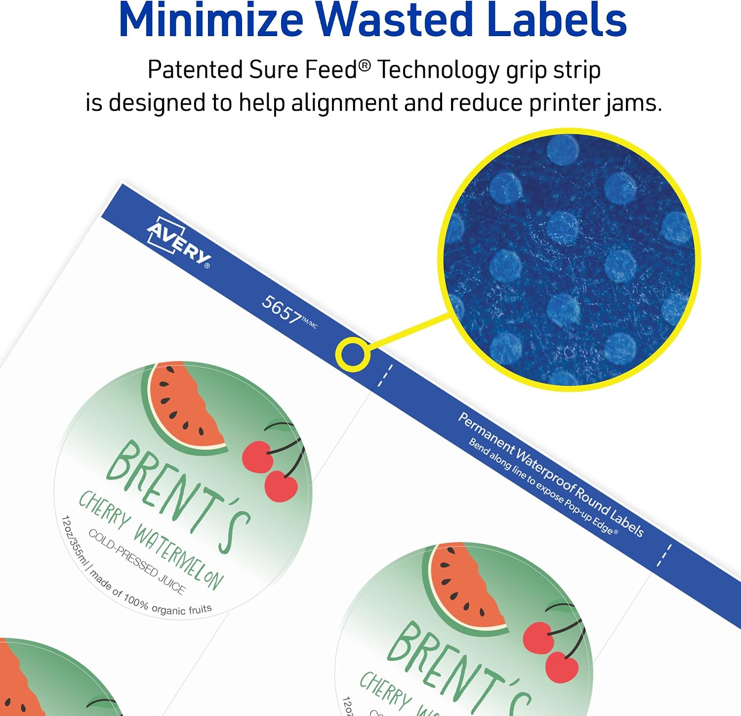 Avery Durable Waterproof Labels, Sure Feed Technology, 2" Diameter, Matte White, Laser/Pigment-Inkjet Printable, 96 Blank Labels, Great for Food Containers, Product Merchandising, and More (5657) image 5