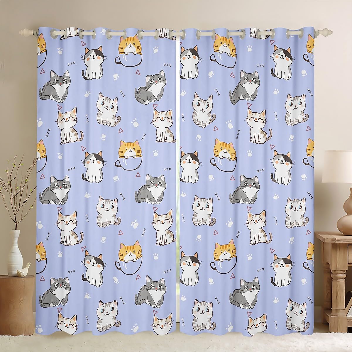 Erosebridal Girls Kitten Curtains Cartoon Cat Blackout Curtains for Kids Teen, Pet Lovers Curtains & Drapes Cute Animal Bedroom Curtains, Kawaii Window Treatments Cute Cat Paws Room Decor, Purple