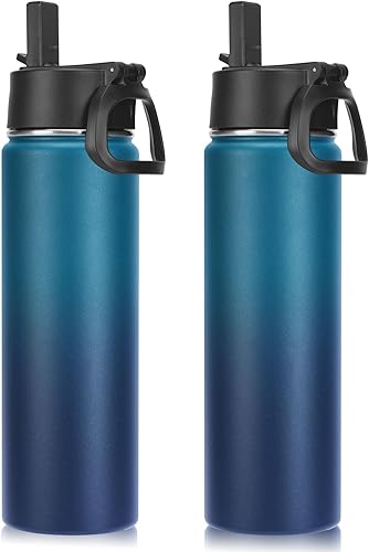 Miniatura 12 de Neihepal Botella de agua aislada de 22 onzas con tapa con popote, botellas de agua de acero inoxidable al vacío de doble pared a prueba de fugas,
