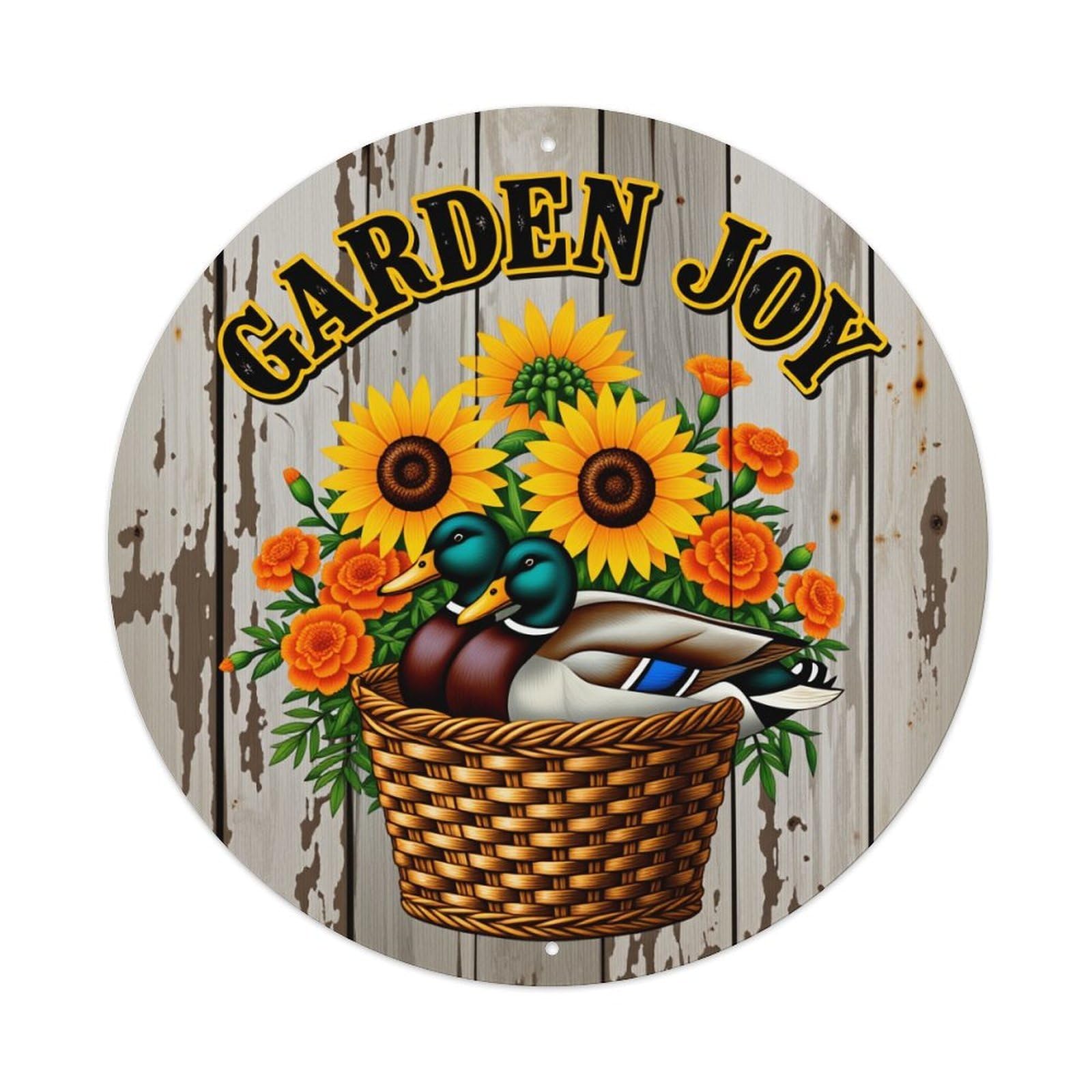 Wmlzdnwr Vintage Duck Basket Sunflowers Roses Garden Joy Round Tin Sign,Retro Wall Art,Metal Poster For Home, Bar, Garage, Cafe, Rustic Indoor & Outdoor Decor, 8X8 Inches