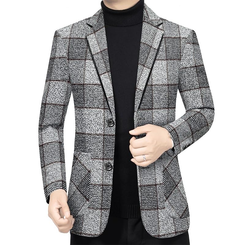 Mens Gray Plaid Casual Slim Fit Suit Jackets Two Button Lightweight Knit Sport Coat