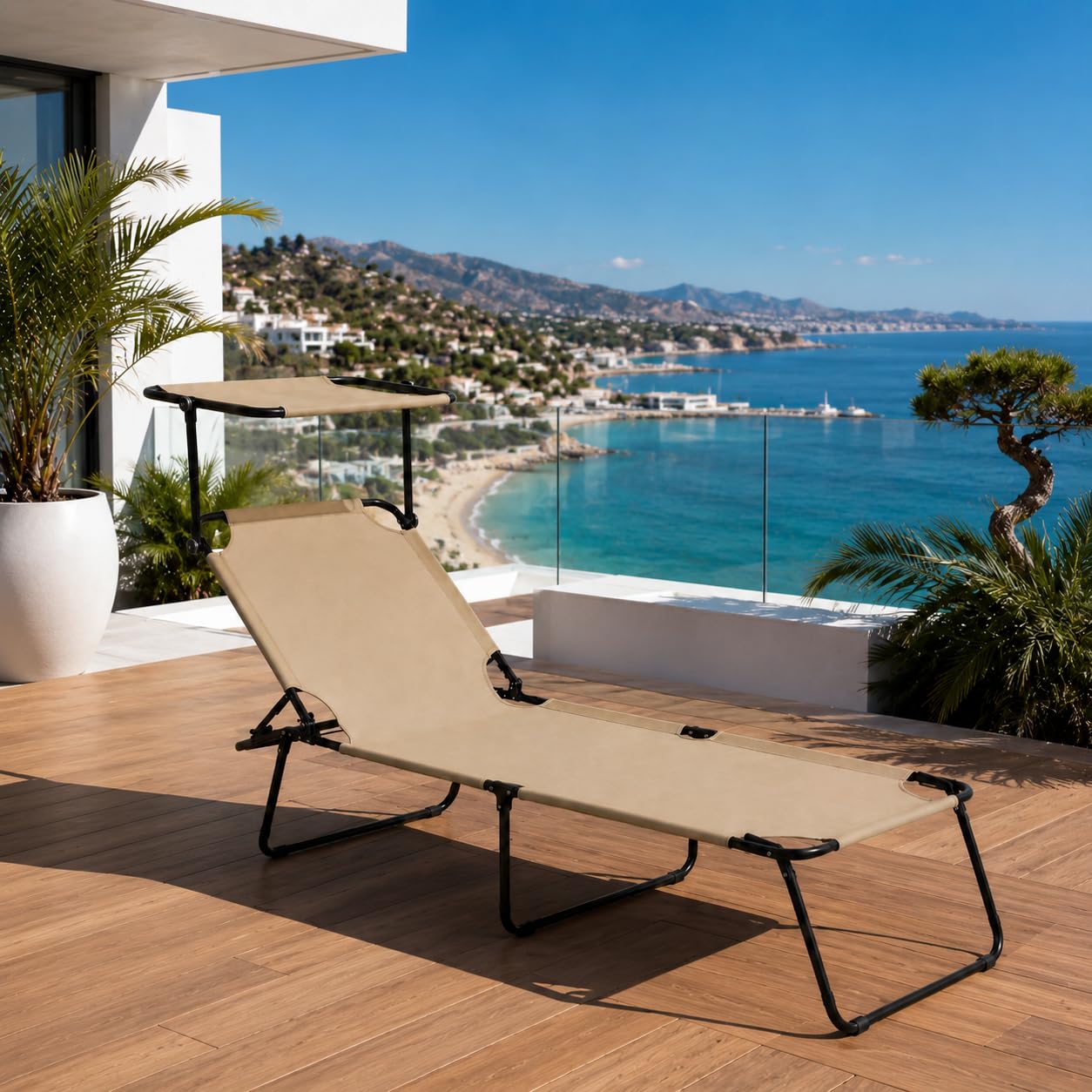 Lettino Pieghevole Con Tettuccio Regolabile Prendisole Parasole Schienale Reclinabile Regolabile Struttura In Metallo Nero Sedia Sdraio Per Spiaggia Mare Giardino Piscina 187 x 53 x 24 Cm (Beige)