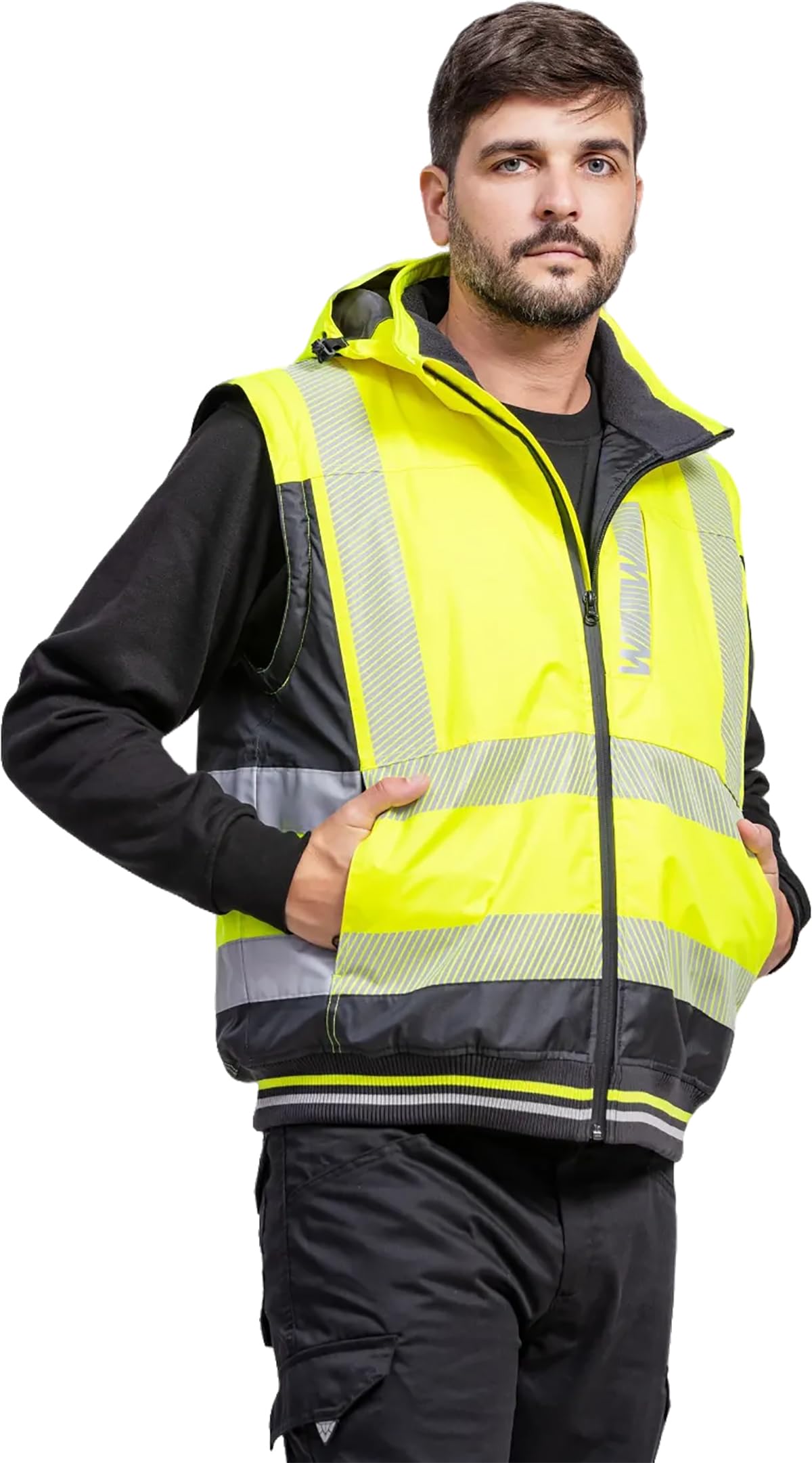 WORKTEAM Cazadora Piloto Alta Visibilidad Impermeable Acolchada con Mangas Desmontables, Capucha, Cintas Reflectantes Segmentadas, para Frío Intenso (580 gr/m2), Hombre