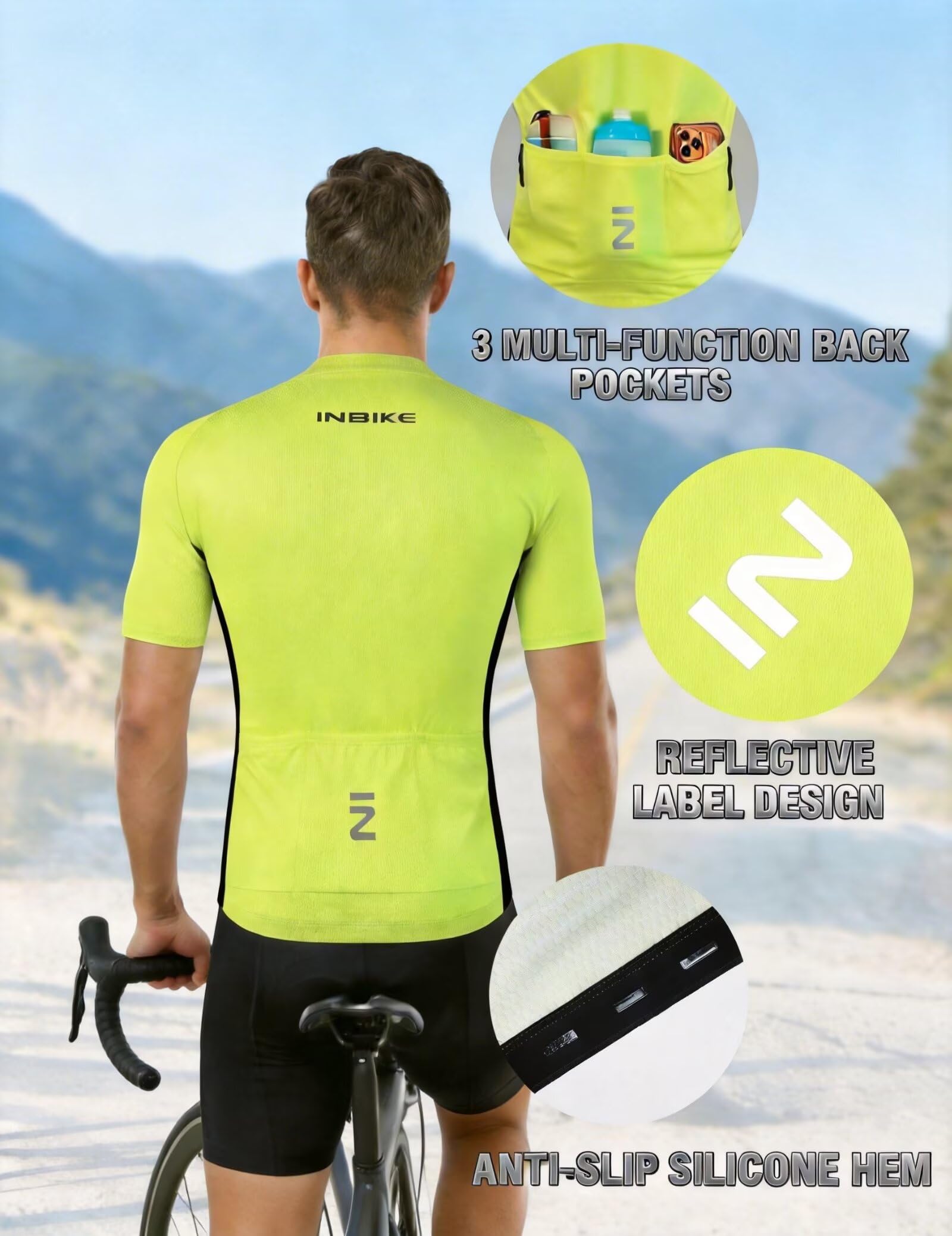INBIKE Tenue Cyclisme Homme avec 3D Gel Rembourré Mailot+Cuissard Velo Homme Respirant et Antitranspirant avec 3 Poches Arrière et Détails Réfléchissants S223