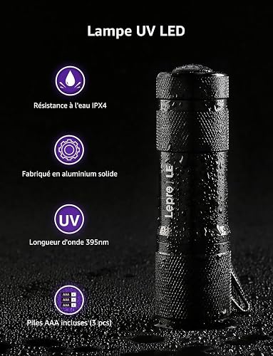 Lighting EVER Lepro Lampe UV, Lampe Torche UV 395nm LED Lumière Noire Ultraviolet, 3 Piles AAA Fournies pour Traceurs Fluorescents Chien Chat Tapis Détecteur Urine Scorpion Vérifie L'argent - 5