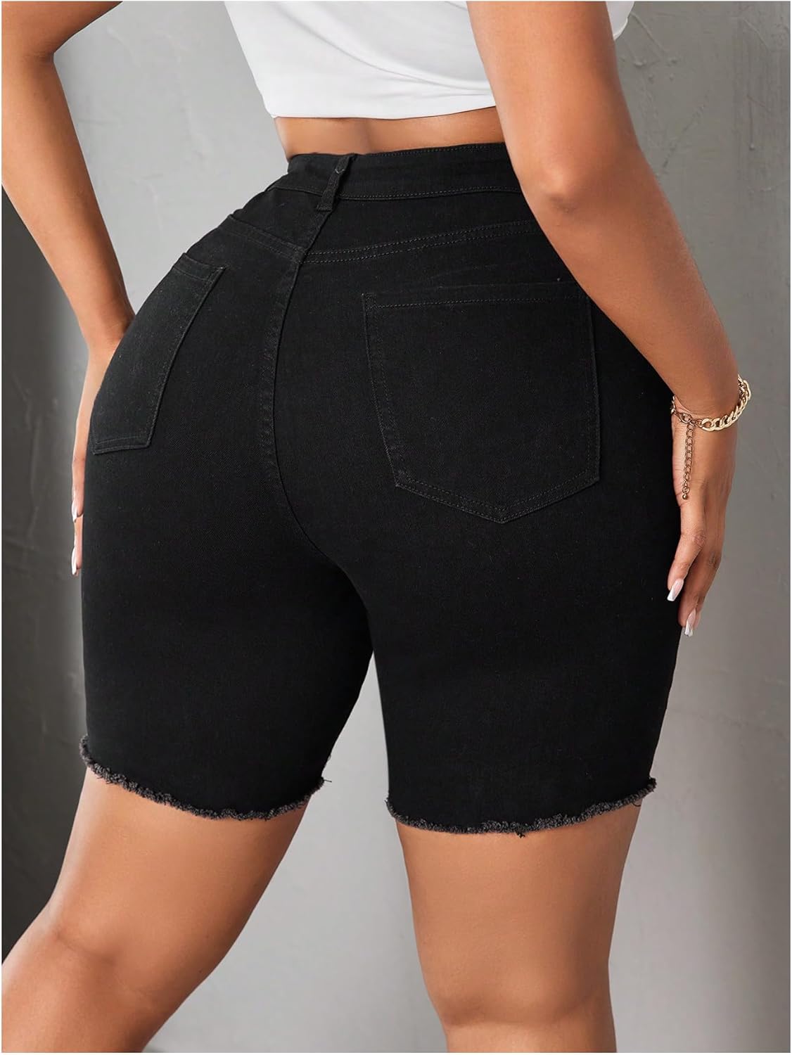 Verdusa Women's Plus Size Ripped Distressed Jean Shorts High Waisted Stretchy Denim Shorts Large Plus Black