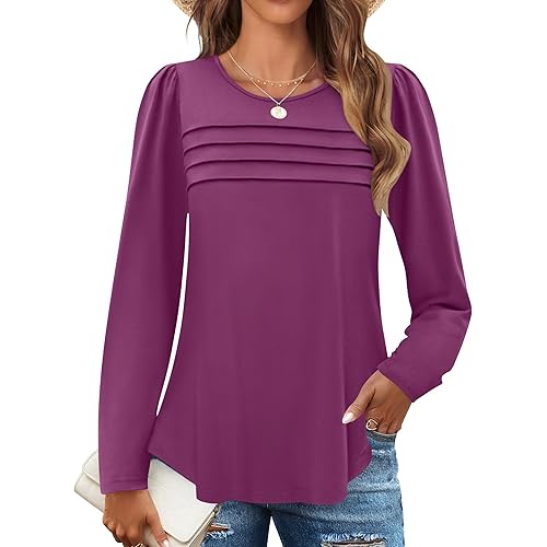 ZESICA Women's Fashion Long Sleeve Shirts 2024 Dressy Casual Blouses Trendy Pleated Tunic Tops
