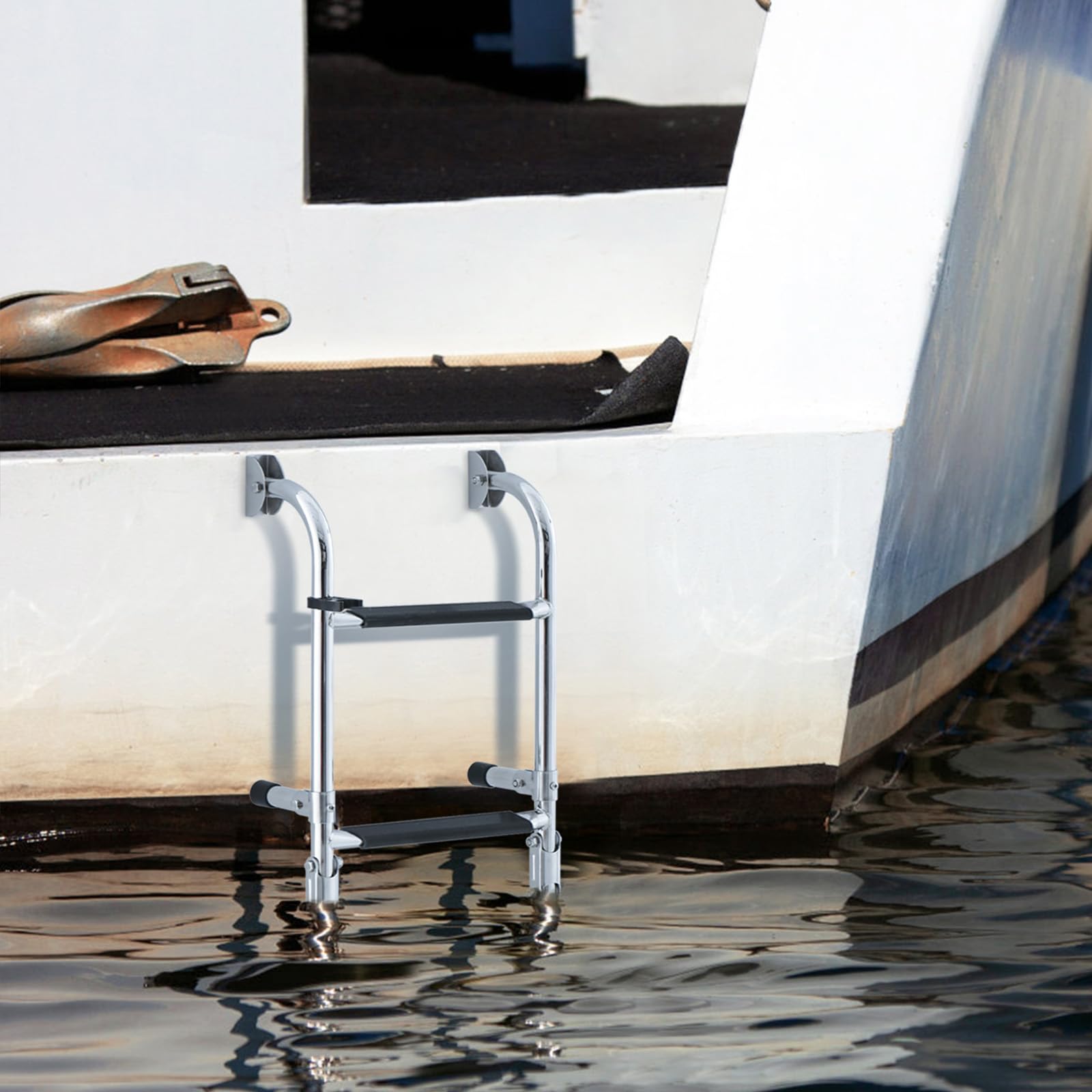 RELAX4LIFE Escalera de Barco Plegable de Acero Inoxidable con 4 Peldaños, Escalera de Piscina con Peldaños Antideslizantes de PVC para Barco, Piscina y Puerto, Carga 200 kg (Modelo 1)