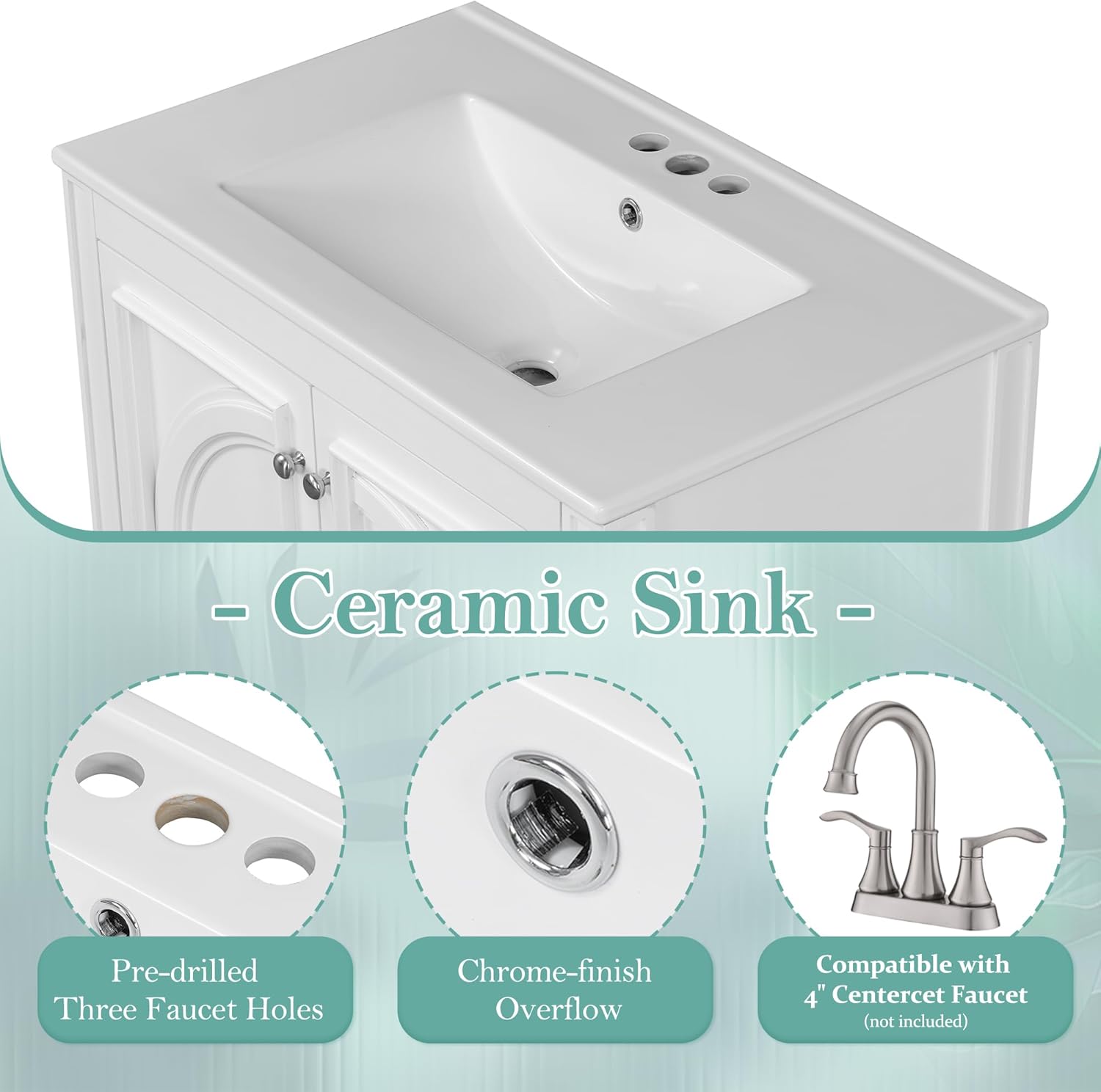 LZ LEISURE ZONE 30" Bathroom Vanity with Sink, Storage Cabinet with Drawer, Two Doors with Shelf, Soft Close Door Hinges, Vintage Style, White