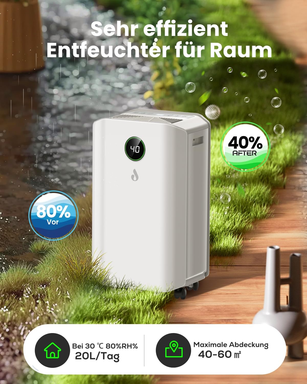 Deumidificatore automatico da 20 l/giorno, con indicatore di umidità digitale, timer da 24 H, serbatoio dell'acqua da 2,6 l, drenaggio continuo con tubo di scarico, 1,5 m, per casa, cantina, soggiorno