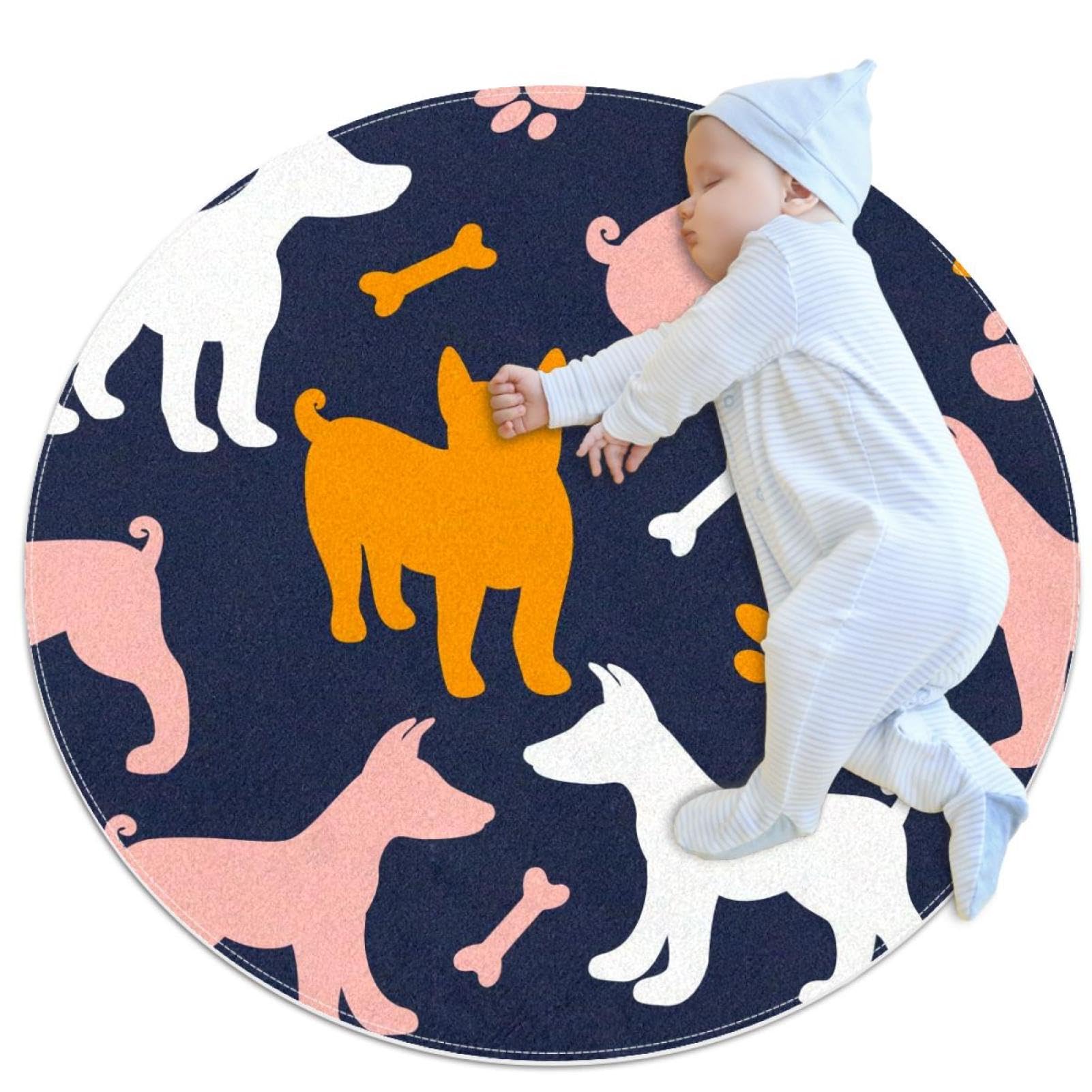 Tapis de bain rond chien et camomille de 1m pour chambre enfant