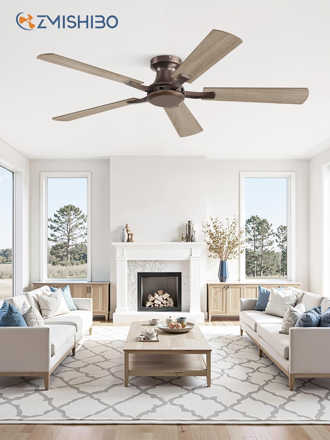 ZMISHIBO 52 Inch Ceiling Fan No Light, Flush Mount Low Profile, Farmhouse Brown Ceiling Fan Without Light, Remote Control & Quiet DC Motor, for Indoor&Outdoor, Bedroom, Living Room - Image 7