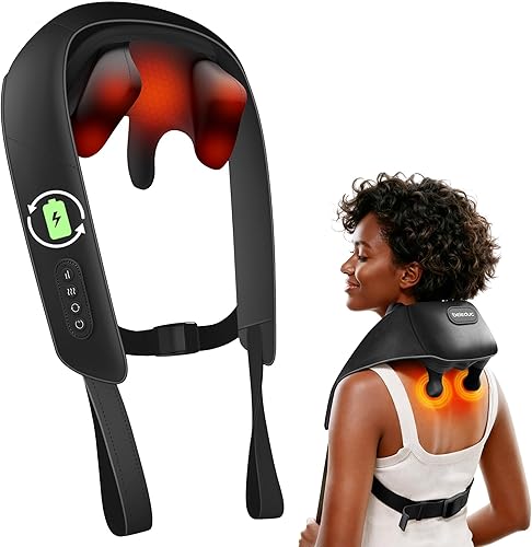 Beleduc Masajeador de cuello y hombros con calor relajante, masajeador inalámbrico de cuello y espalda, masaje de amasamiento profundo Shiatsu 4D