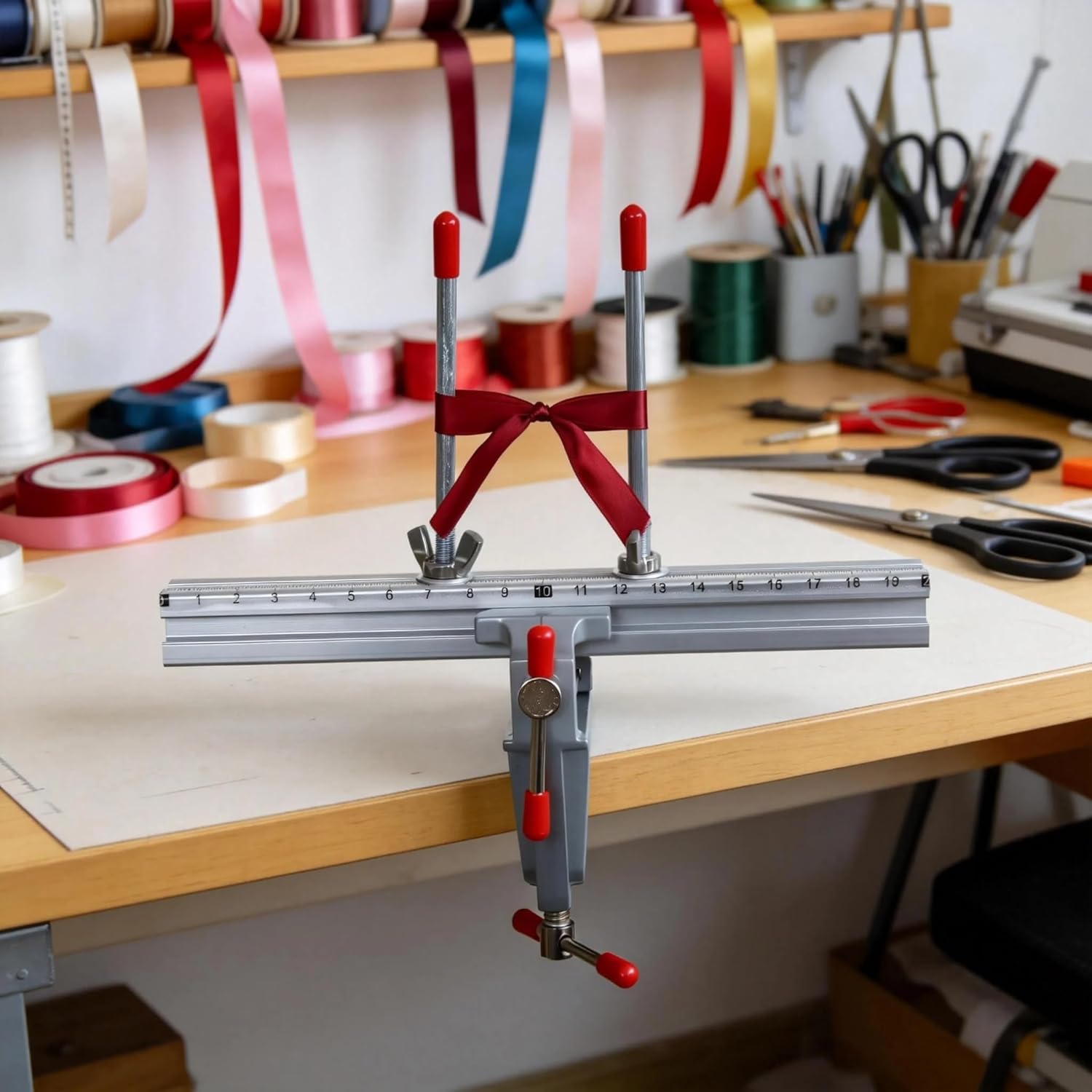 Professional Metal Bow Maker Tool with Adjustable Scale, Heavy Duty Table Clamp Crafting Station for Ribbon Art, DIY Hair Accessory & Gift Wrapping Supplies