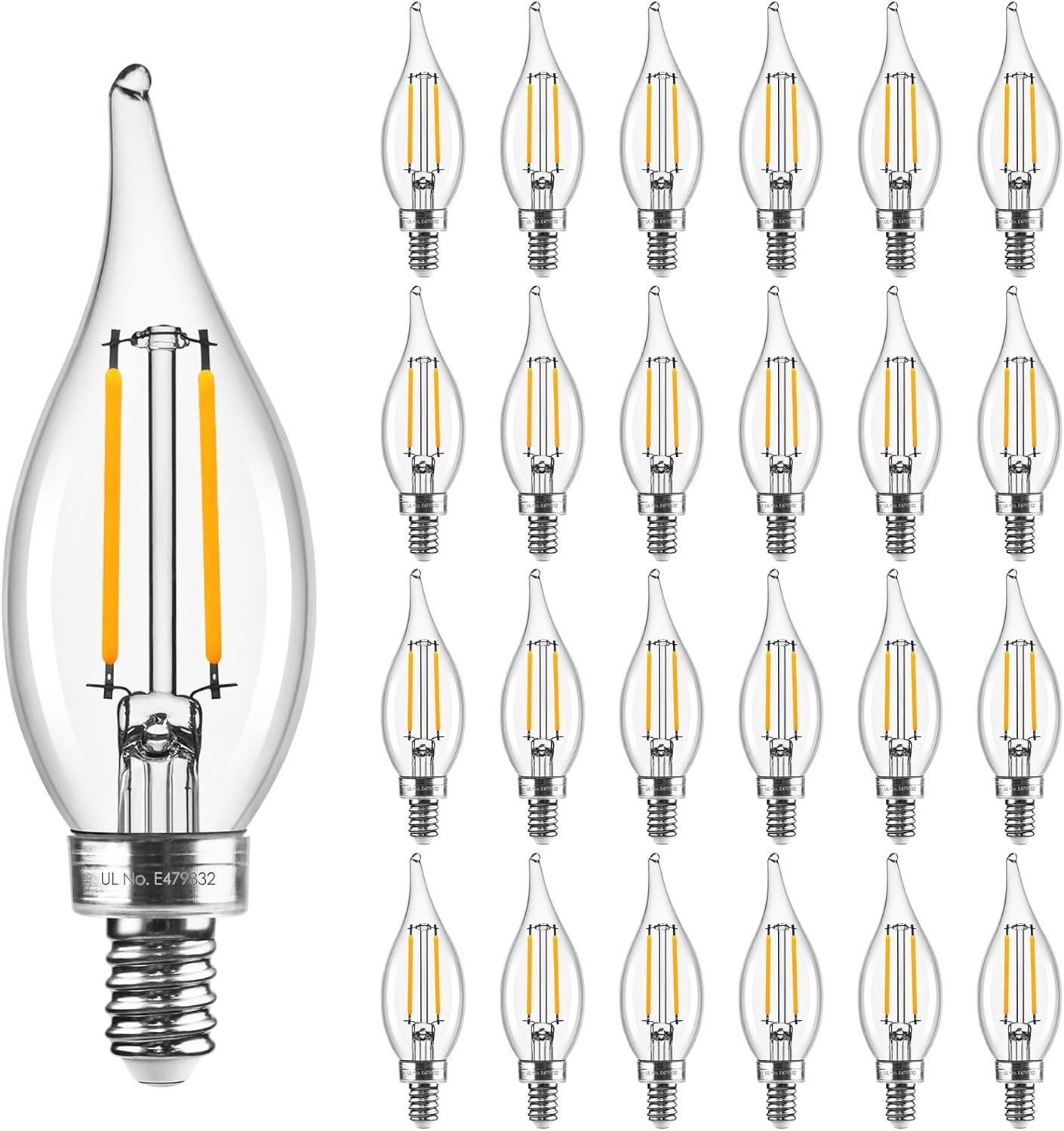Hizashi E12 Candelabra Bulbs 40 watt Equivalent, 90+ CRI E12 LED Bulb Dimmable Flame Tip Chandelier Light Bulbs, 4W 450LM 2700K Warm White, CA10, UL Listed, 24 Pack