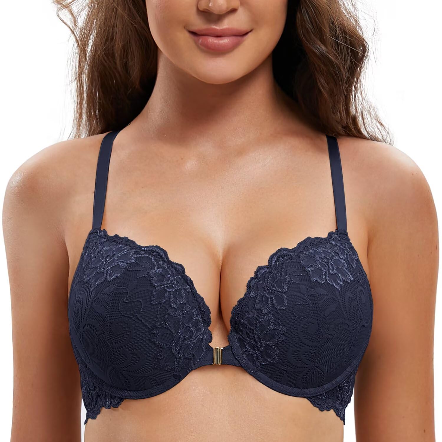 Deyllo Womens Front Closure Bras Lace Racerback Padded Push Up Bra Underwire Plunge Deep Blue 34DD