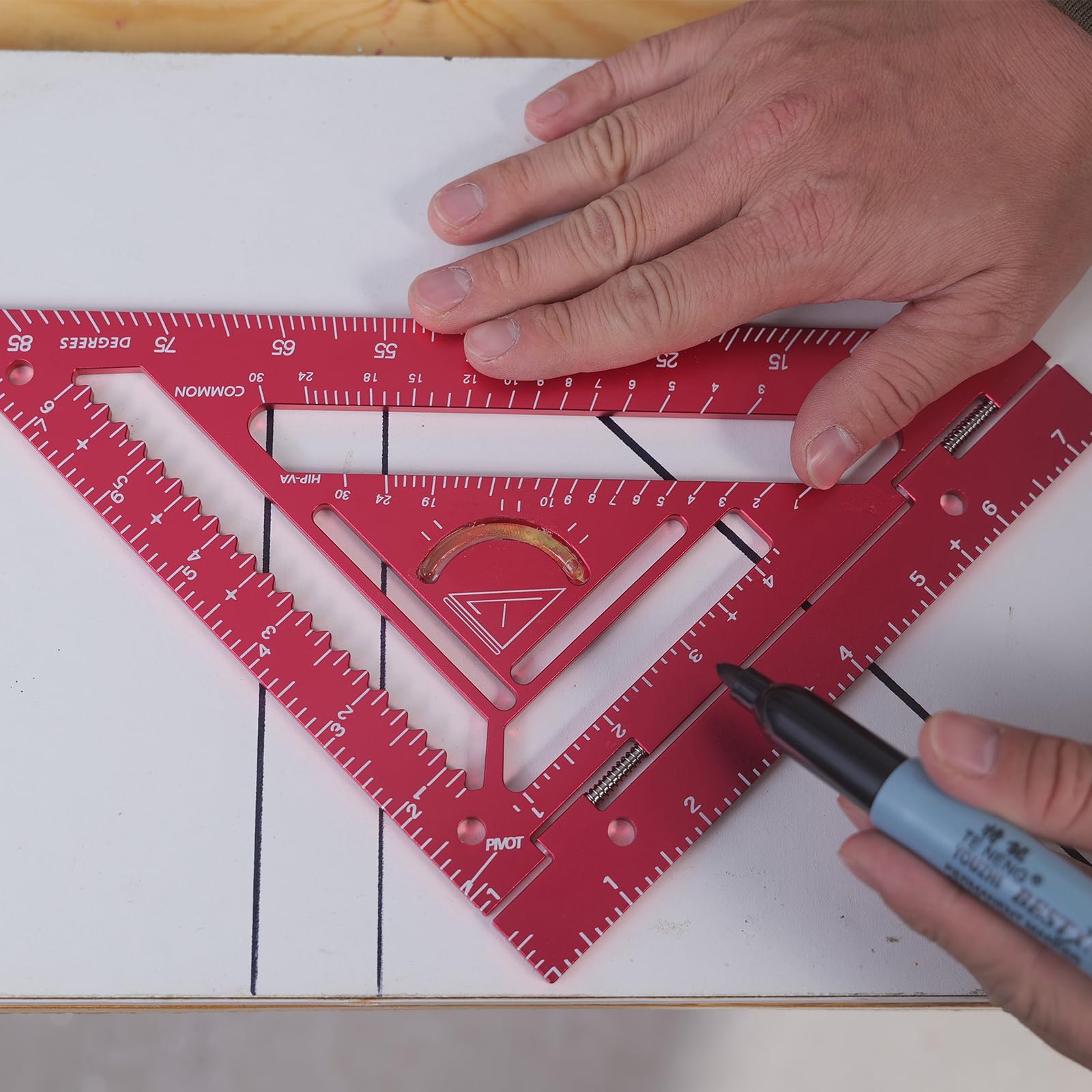 Shefave Squadra rotante da 21,1 cm, con blocco per recinzione, per lavori piatti, in alluminio CNC, triangolare, ad alta precisione, per falegnami e lavoratori del metallo (rosso)