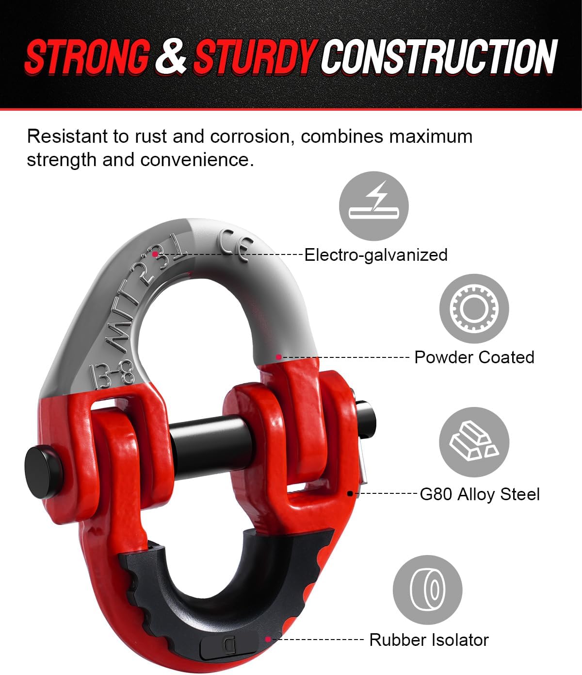 DAYDOOR 1/2" Trailer Safety Chain Hooks,G80 Safety Chain Shackle,12000 lbs Loading Tow Chain Connector, Tow Hitch Hammerlock Coupling Link with Rubber Isolators for Trucks,Trailers(2-Pack)(Red) - Image 3