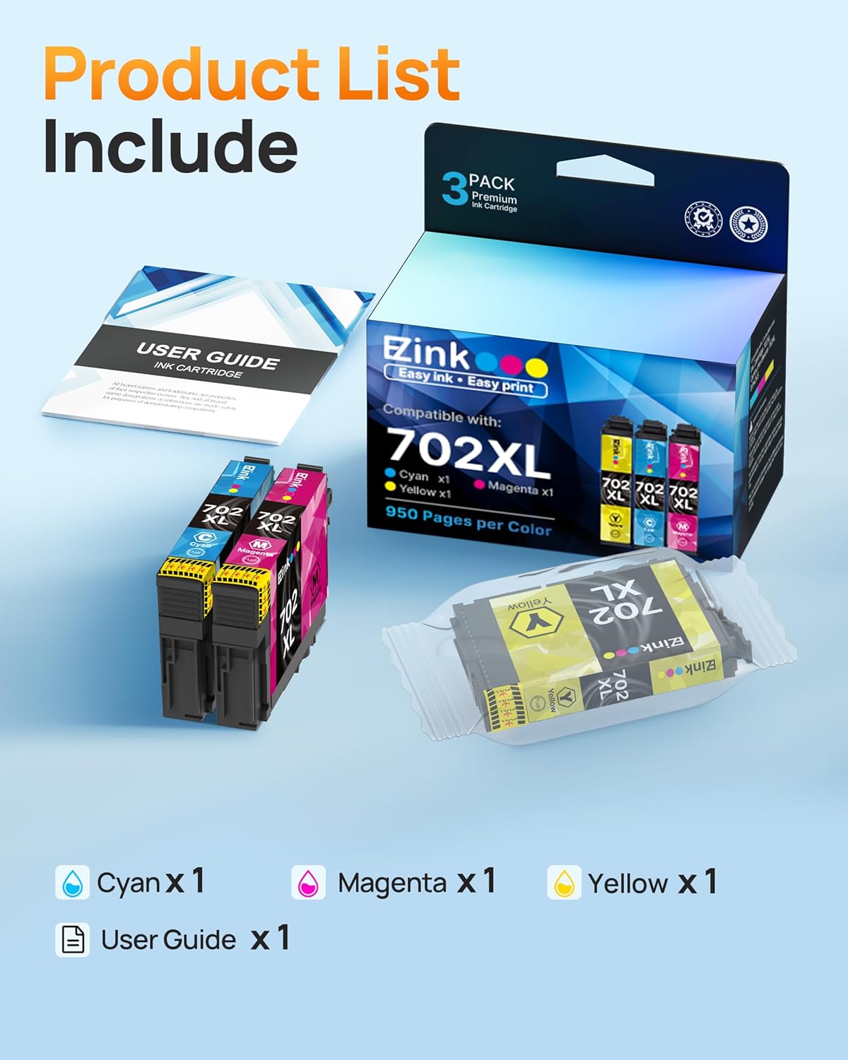 E-Z Ink 702XL Color Ink Cartridges Remanufactured for Epson 702 Color Ink Cartridges High Yield 702XL to use with Workforce Pro WF-3720 WF-3730 WF-3733 Printer (1 Cyan, 1 Magenta, 1 Yellow, 3 Pack)