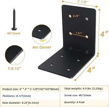 6-Pack 4x4x3-1/8 Heavy Duty Steel Corner Bracket, L Right Angle Bracket, Thickness 0.11(3mm), Metal Corner Brace for Metal Joint Timber Connector Shelves Wood Furniture Support, with 48 Screws