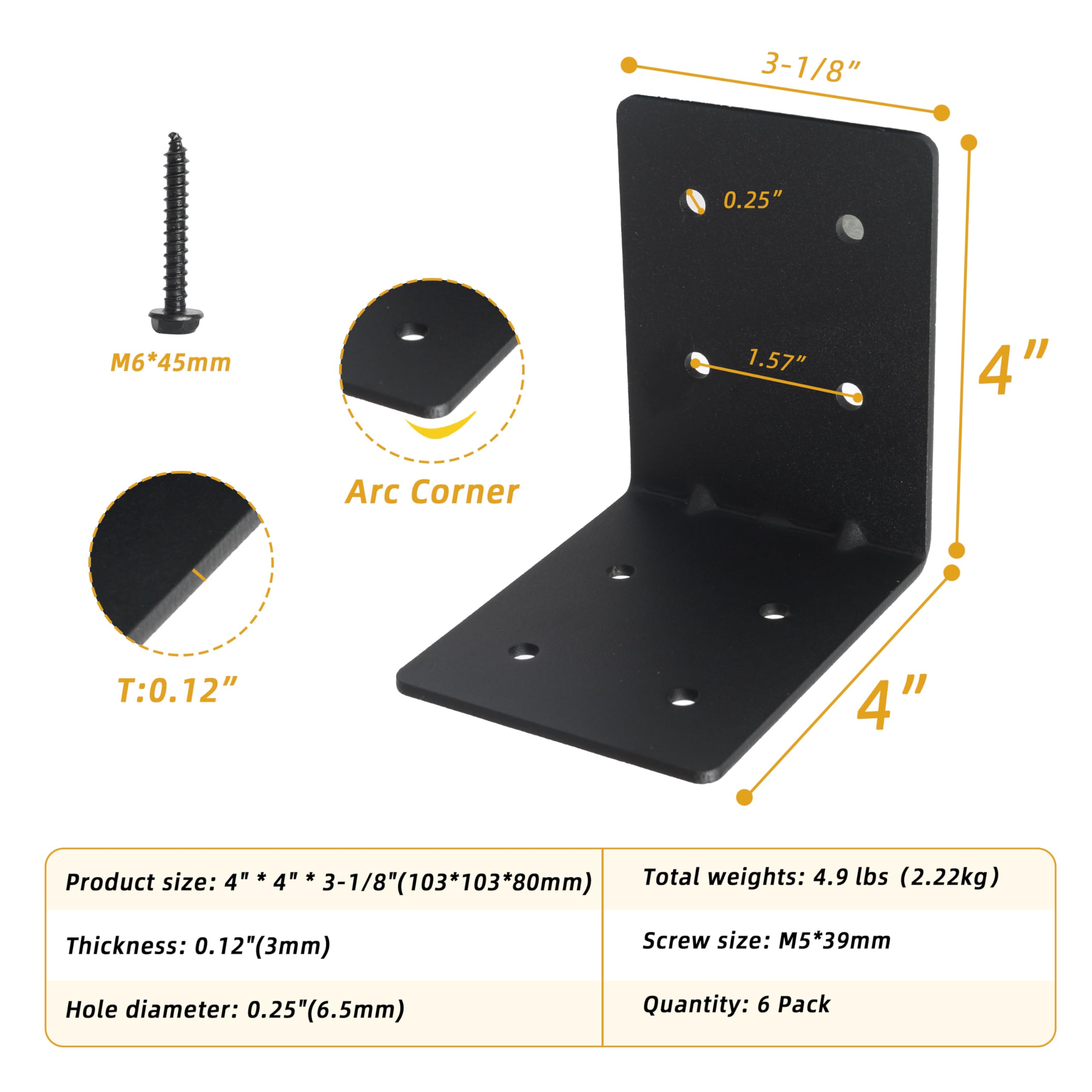 Confezione da 6 staffe angolari in acciaio resistente, 10,2 x 10,2 x 8,8 cm, staffa ad angolo retto a L, spessore 3 mm, staffa angolare in metallo per giunti in metallo, mensole in legno, supporto per