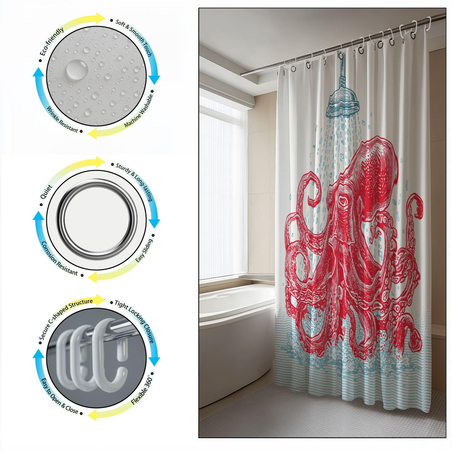 Generico Fantasia Tenda Da Doccia Minimalista Bagno Polpo Blu Rosso, Tenda Da Doccia Per Bagno, Vasca Da Bagno, Tenda In Poliestere Impermeabile Con Ganci In Plastica, 200 x 200 cm