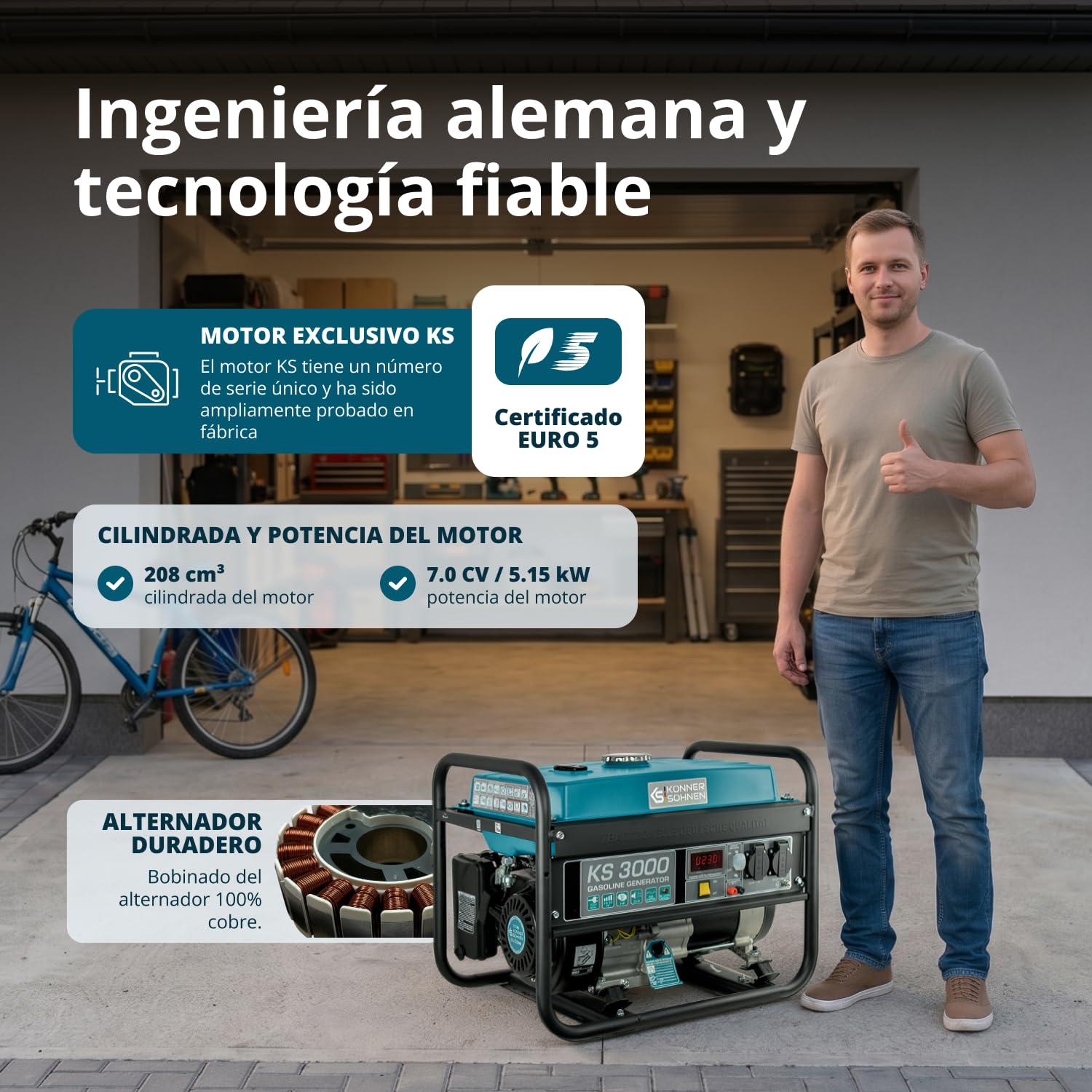 Könner & Söhner Generador de gasolina KS 3000, grupo electrogeno 3000W, 2x16 A (230 V),12 V, generador electrico con (AVR), indicador aceite, protección ante sobrecarga, pantalla