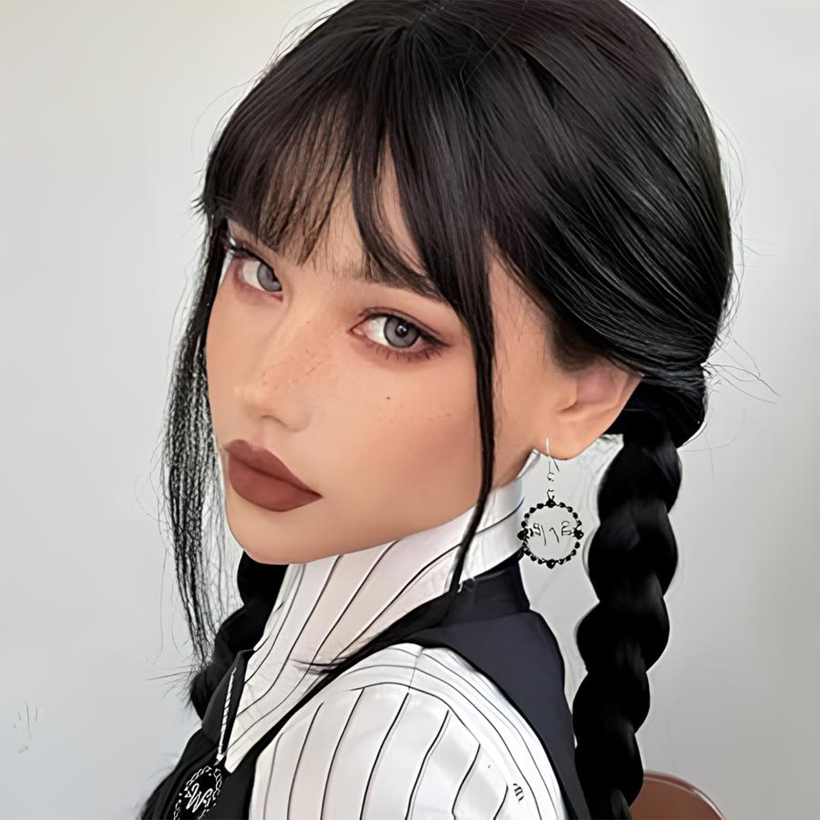 Mercredi A-ddams Perruque Tressée Noire, Perruque Fille et Femme pour Fêtes et Cosplay