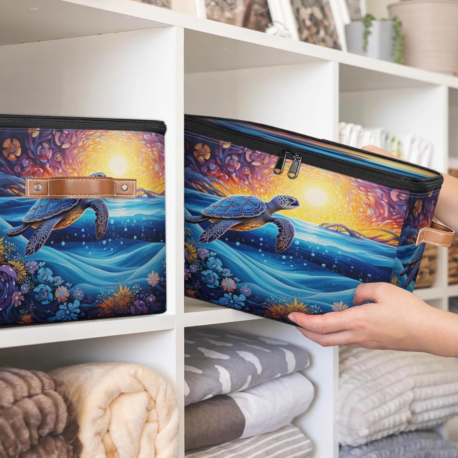 Storage Bin Set of 2 Sea Turtle Floral Storage Basket with Zipper Lid & Handle Foldable Closet Shelf 2 Pack Cloth Organizer Basket Cube Bins Clothes Organizer for Nursery, Bedroom