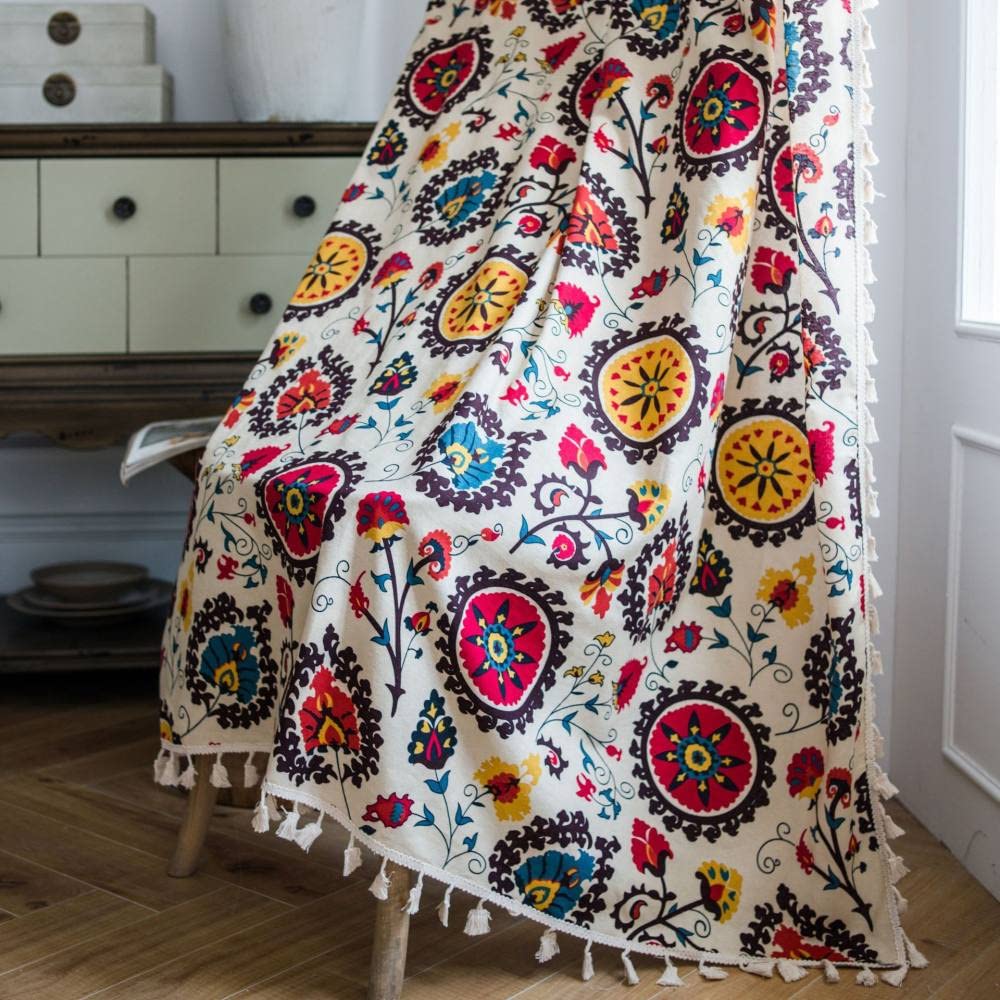 Zasłony do salonu, zasłony zaciemniające Boho 2 panele egzotyczne kolorowe mandala z nadrukiem kwiatowym frędzle bawełniana pościel zaciemniająca (2x szer. 59xdł. 63 cale