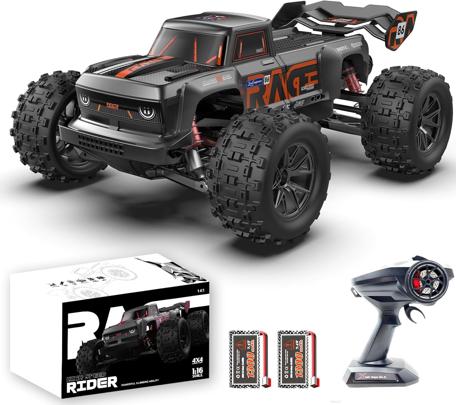 Remote Control Car, 1/16 RC Car, 40 KM/H High Speed Remote Control Truck, 4X4 All Terrain Off-Road RC Truck, IPX4 Waterproof Monstertruck, 2.4GHz RC Buggy, 2 Batteries