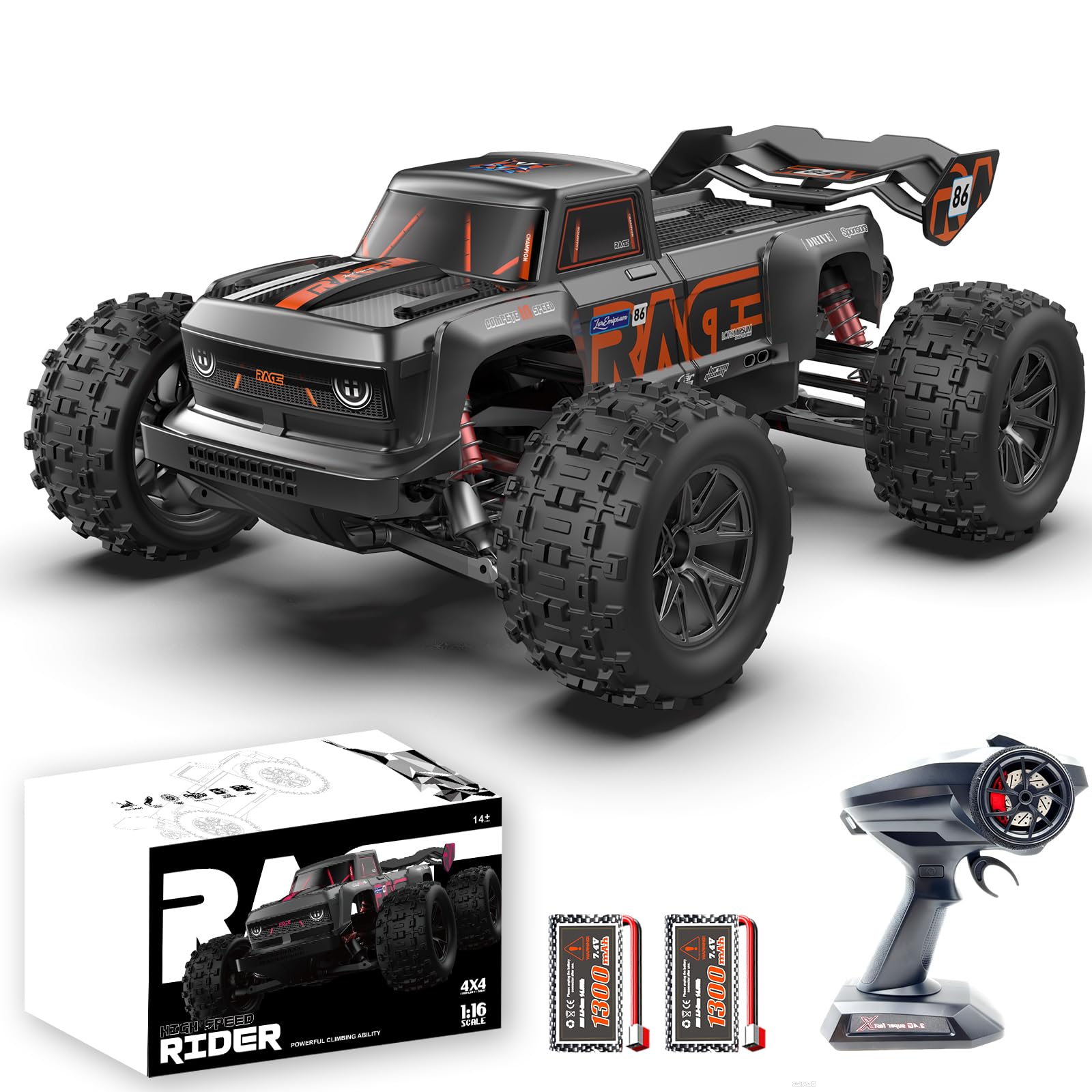 RC Cars, 1:16 RC Truck, Hobby Grade Remote Control Truck, 4X4 All Terrains Off-Road, 40 KM/H High Speed Remote Control Car, 2.4GHz, 2 Batteries, IPX4 Splash-proof Monster Truck for Adults Kids
