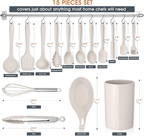 Miniatura 2 de E-far Juego de utensilios de cocina, 15 piezas de utensilios de cocina de silicona con soporte, utensilios de cocina antiadherentes y resistentes al
