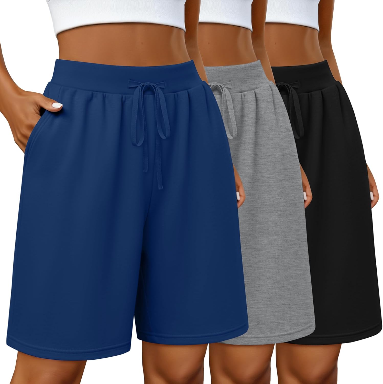 Neer 3 Pack Women's Bermuda Shorts Drawstring Elastic High Waisted Athletic Long Sweat Shorts Knee Length with Pockets