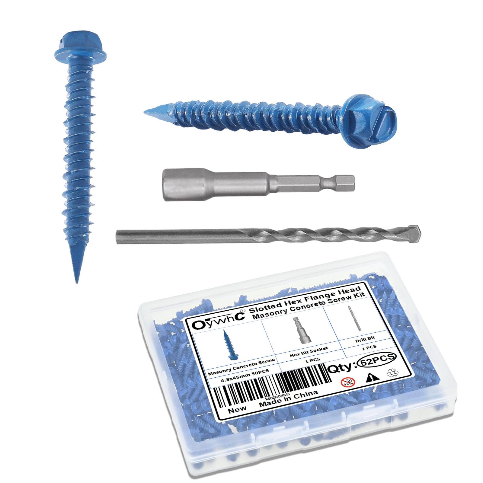 OywhC 50Pcs Masonry Concrete Screws 4.8mm x 45mm with Hexagon Socket Bit & Drill Bit, Special Blue Coating, Hexagon Flange Head, Conical Diamond Tip, High-Low Threads, for Masonry/Concrete/Brick/Block