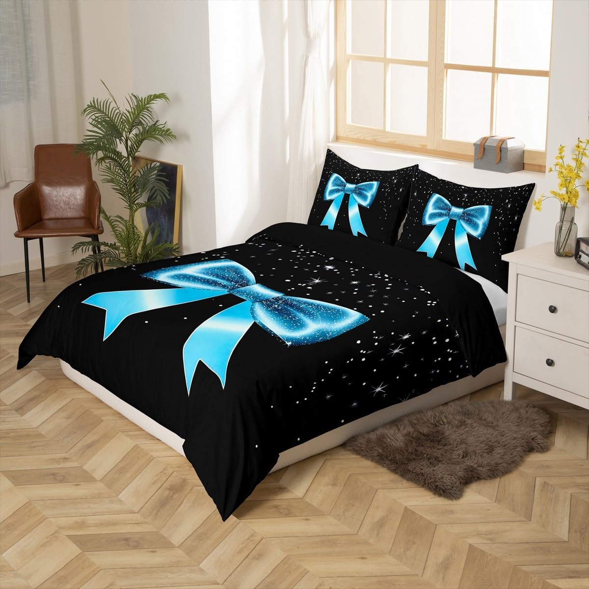 Erosebridal Blue Ribbon Bow Girls Toddler Bedding Set Cute Kawaii Bowknot Kids Comforter Cover Romantic Princess Bow Duvet Cover Dreamy Starry Sky Pink Glitter Black Quilt Cover