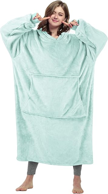 Catalonia Classy Extra Long Hoodie Blanket Oversized,Super Soft Fleece Warm Wearable Blanket, Giant Hoody with Large Front Pocket for Adults Men Women Aqua