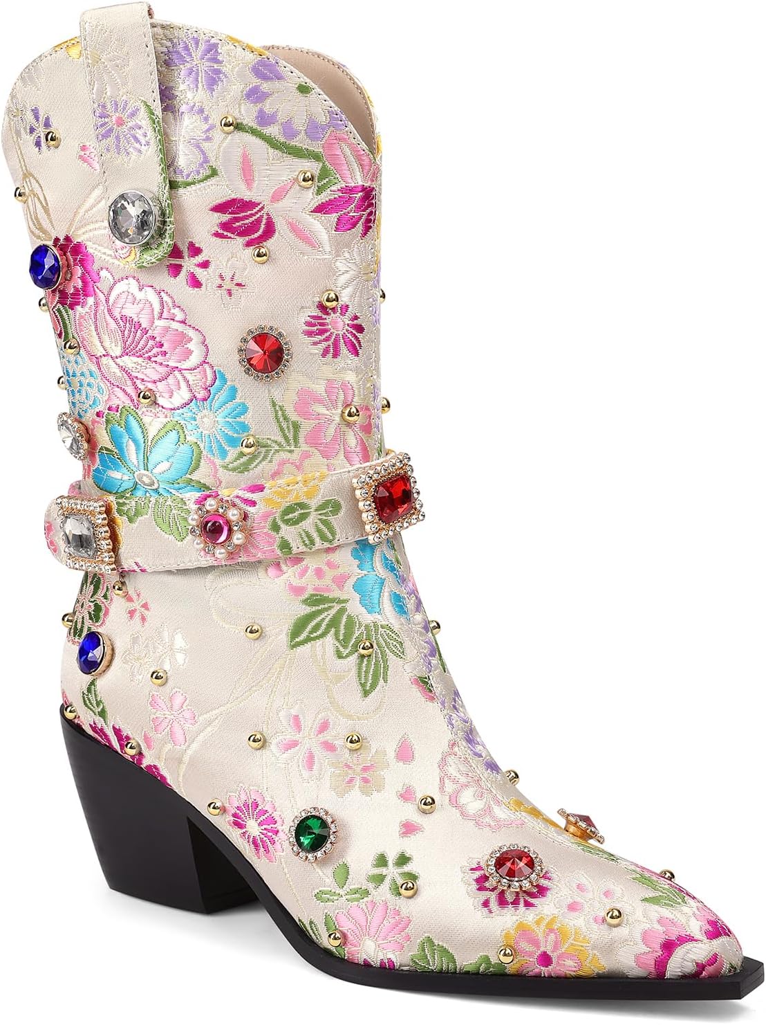 LOCERICH Women Rhinestone Cowboy Sparkly Cowgirl Boots Diamond Western Floral Embroidery Mid Calf Booties