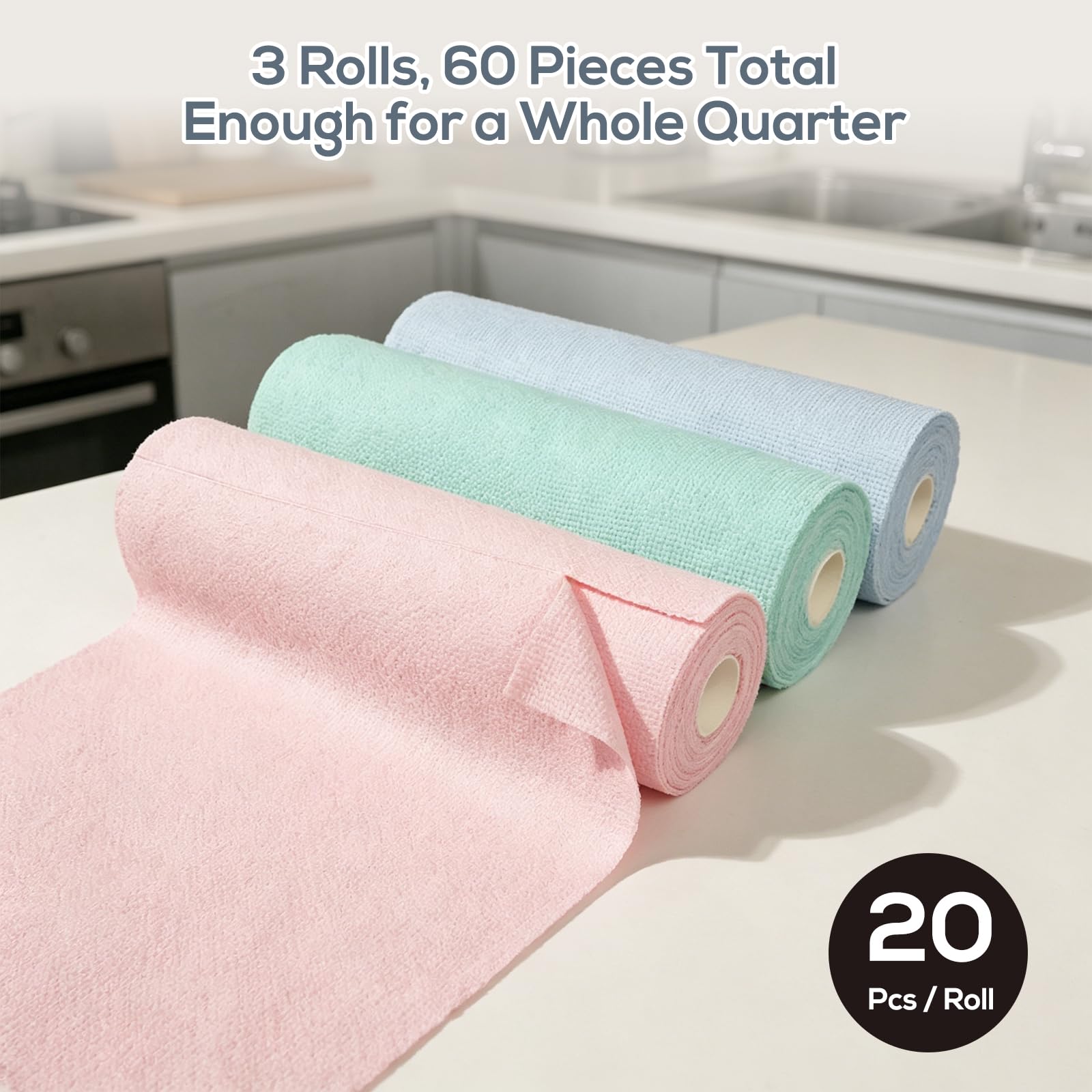 Romon Bayetas Microfibra, 60 Piezas Compacto Rollo de Paños Microfibras, 25x25cm Trapos Cocina Desprendible con Una Mano, Reutilizable hasta 50 Veces, para Cristales Hogar y Coche (Rosa, Cian, Azul) — view 8