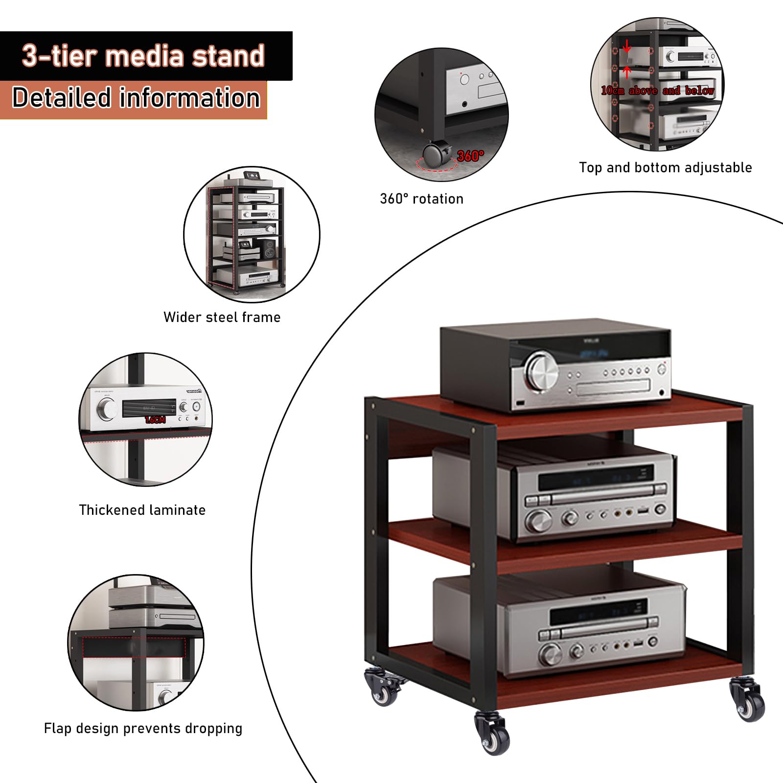 Scaffale a 3/4/5Rack e supporti HiFi Audio Rack, scaffale audio in legno e metallo, portata 200 kg, porta-multimedia con ripiani regolabili, per soggiorno, sala giochi, centro di intrattenimento (3YM)