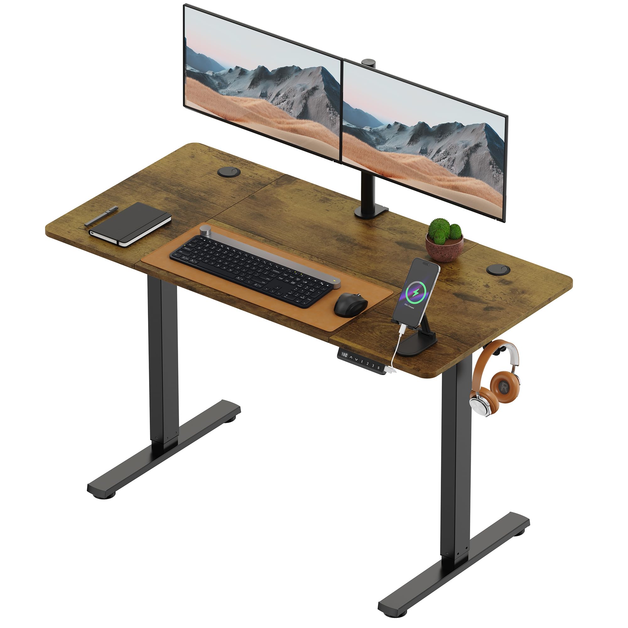VonHaus Electric Standing Desk, USB-C Charging Height Adjustable Sit Stand Desk with Anti-Collision, Height Preset Technology & Cable Management, Dark Wood Four Piece Desktop & Steel Frame, 120x60cm