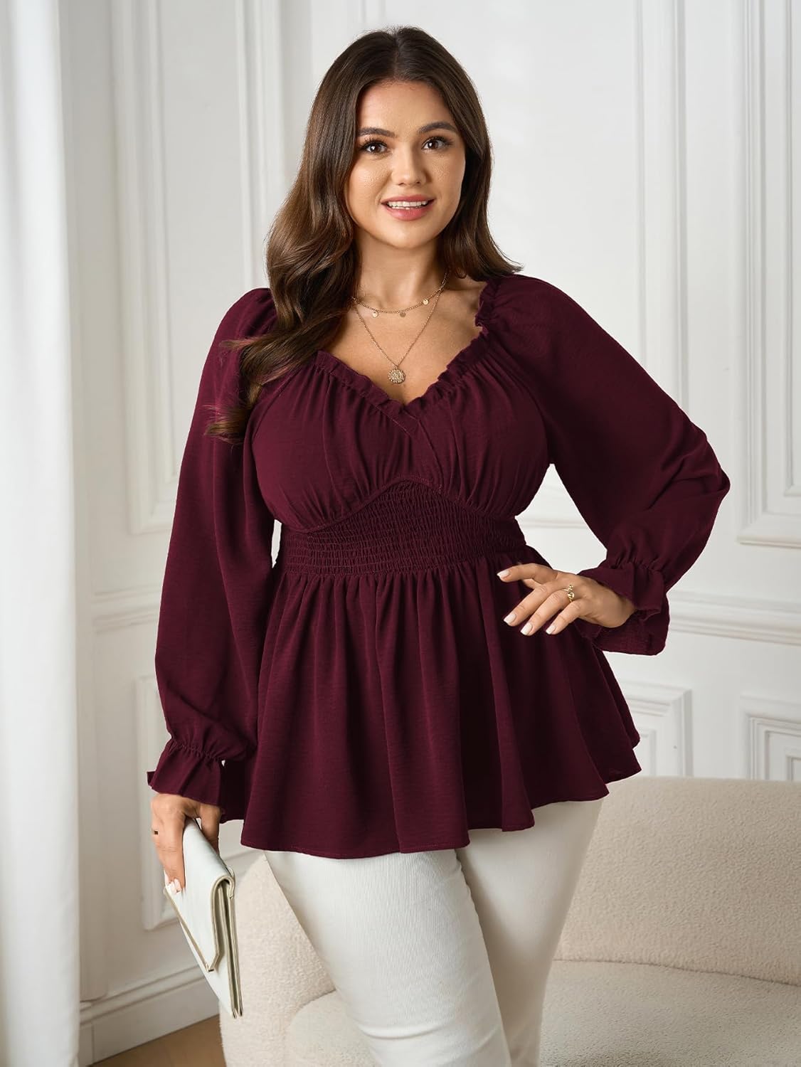 SCOMCHIC Womens Plus Size Tops Long Sleeve Blouse Ruffle Sweetheart Neckline Smocked Peplum Babydoll Top - Image 3