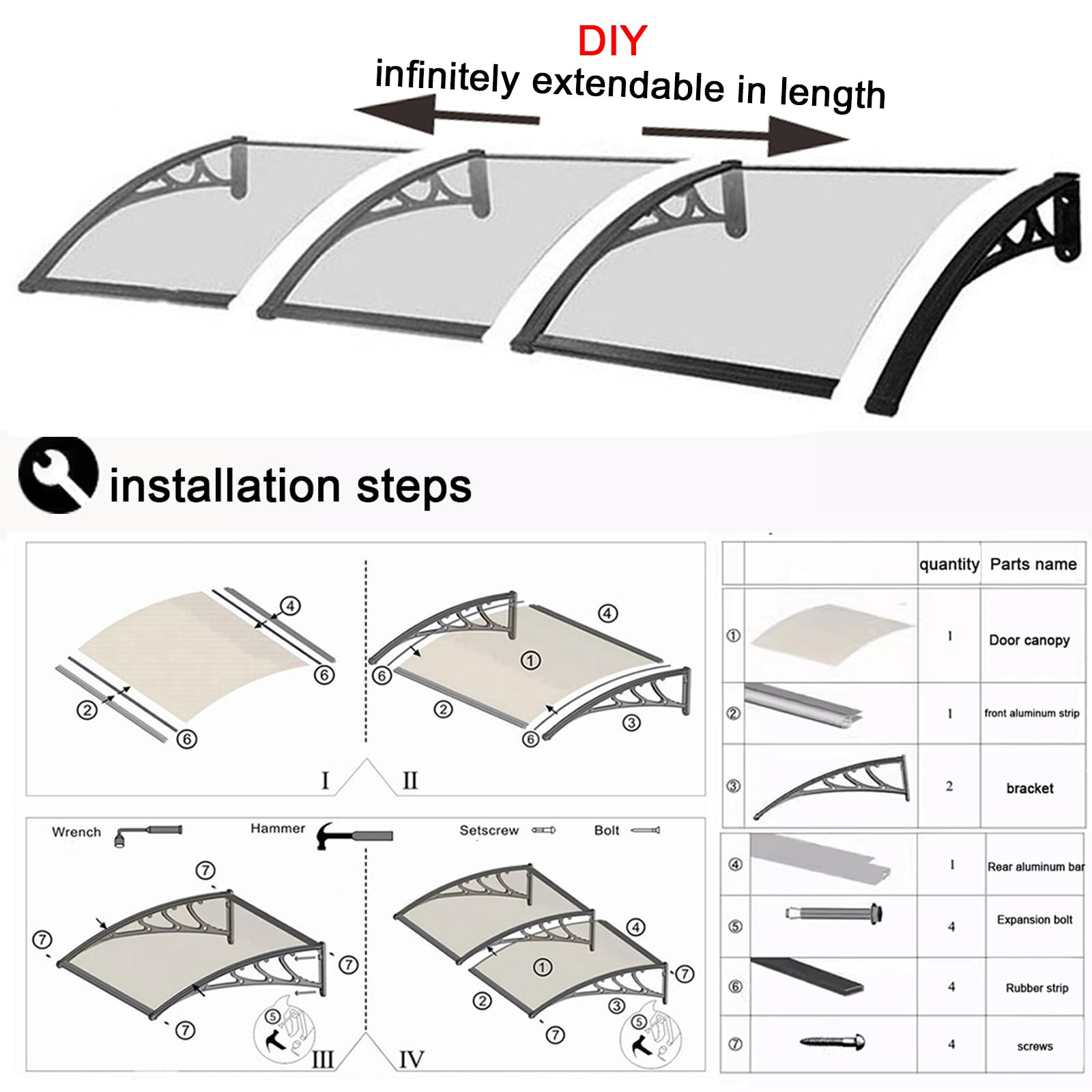 Vordach Überdachung für Haustür - Pultbogenvordach aus Aluminium und Polycarbonat Transparent, 99% UV-Schutz Regenschutz für Eingangstür (120x70cm/47x28)