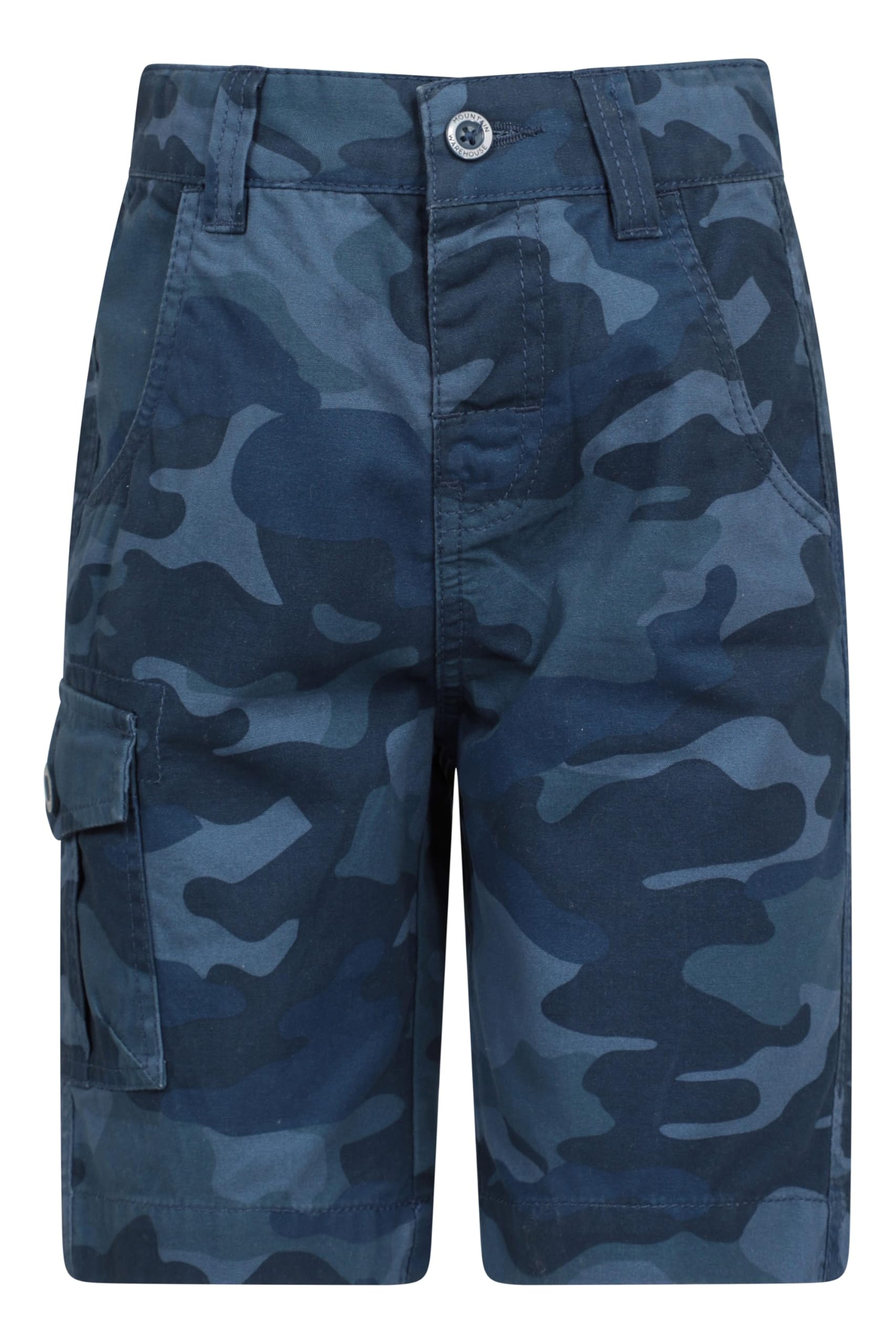 Mountain Warehouse Kids Camo Cargo Shorts - 100% Cotton Shorts, Lightweight Short Trousers, Pockets, Easy Care Camo Pants - Spring Summer, Camping, Travelling Dark Blue (Camo) Kids Size 7-8 Years