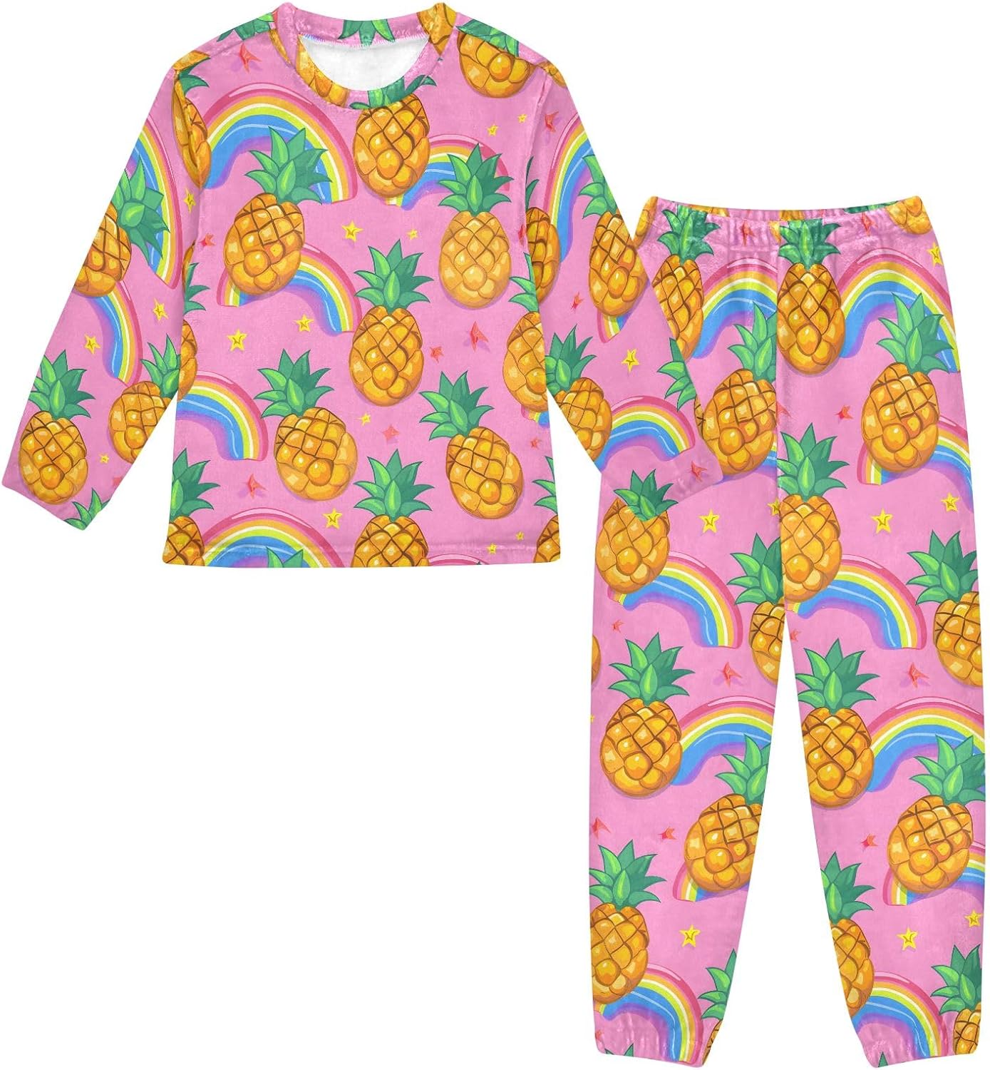 Kids Flannel Sets Pineapple Rainbow Hand Drawn Warm Plush Relaxed Clothing for Boys and Girls