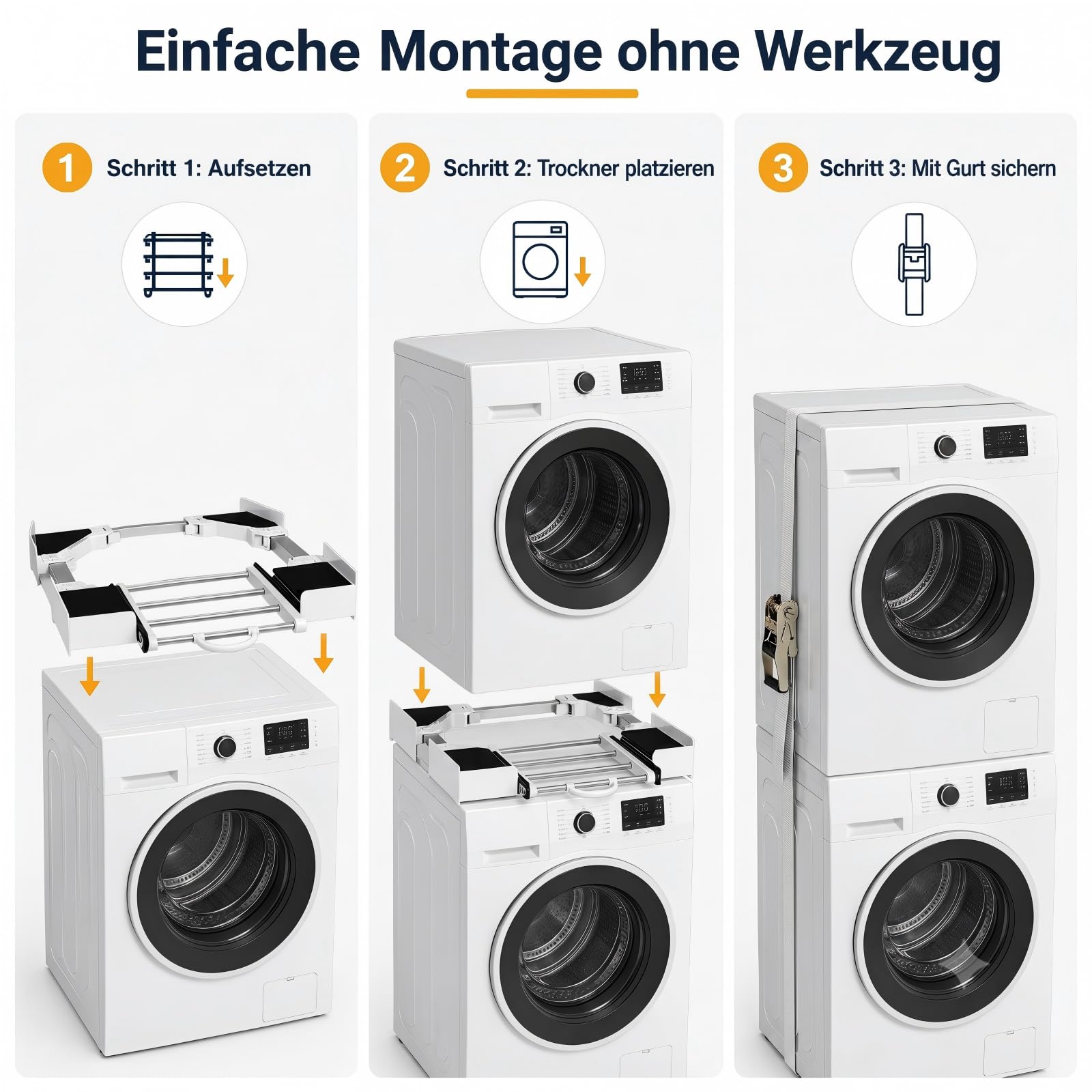 Zwischenbaurahmen Waschmaschine Trockner Wäschehalter, 46-72 cm | Verbindungsrahmen mit Spanngurt und Ratsche, ohne Bohren montierbar Platzsparender für Alle Marken
