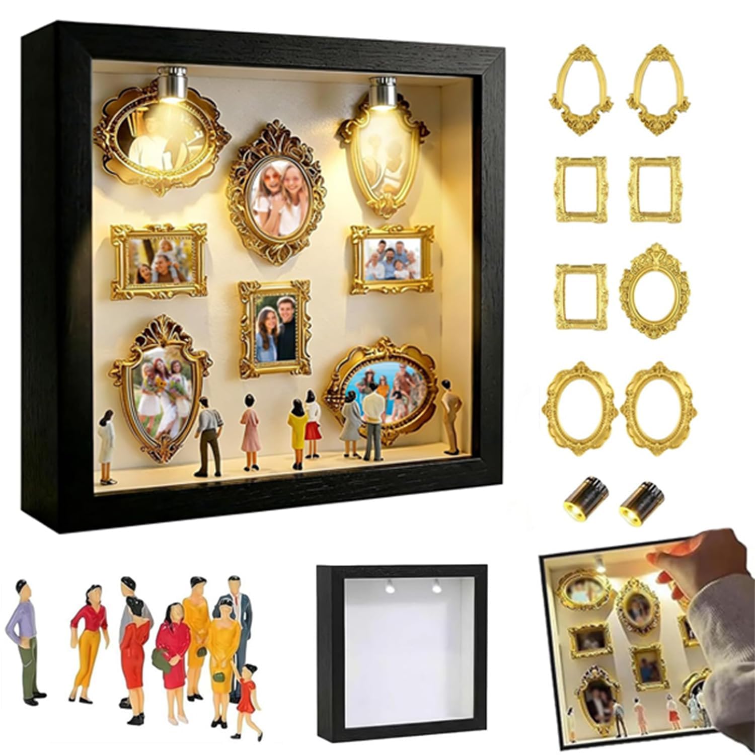 DIY Mini Museum Bilderrahmen, Mini Menschen Figuren Museum, Bilderrahmen zum Befüllen mit Golden Rahmen & Miniatur Menschen, Fotospeicher Bilderrahmens mit LED Licht für Deko Wohnzimmer Schlafzimmer