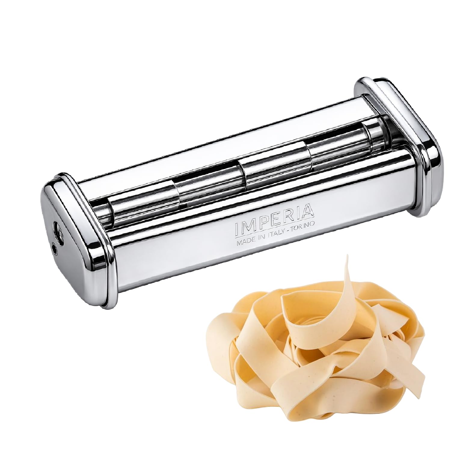 Crisalide® - Máquina para pasta Imperia, máquina clásica, fabricada en Italia, máquina para pasta fresca de acero. Manual con manivela, ajustable 6 grosores, acero cromado (Simplex Pappardelle)